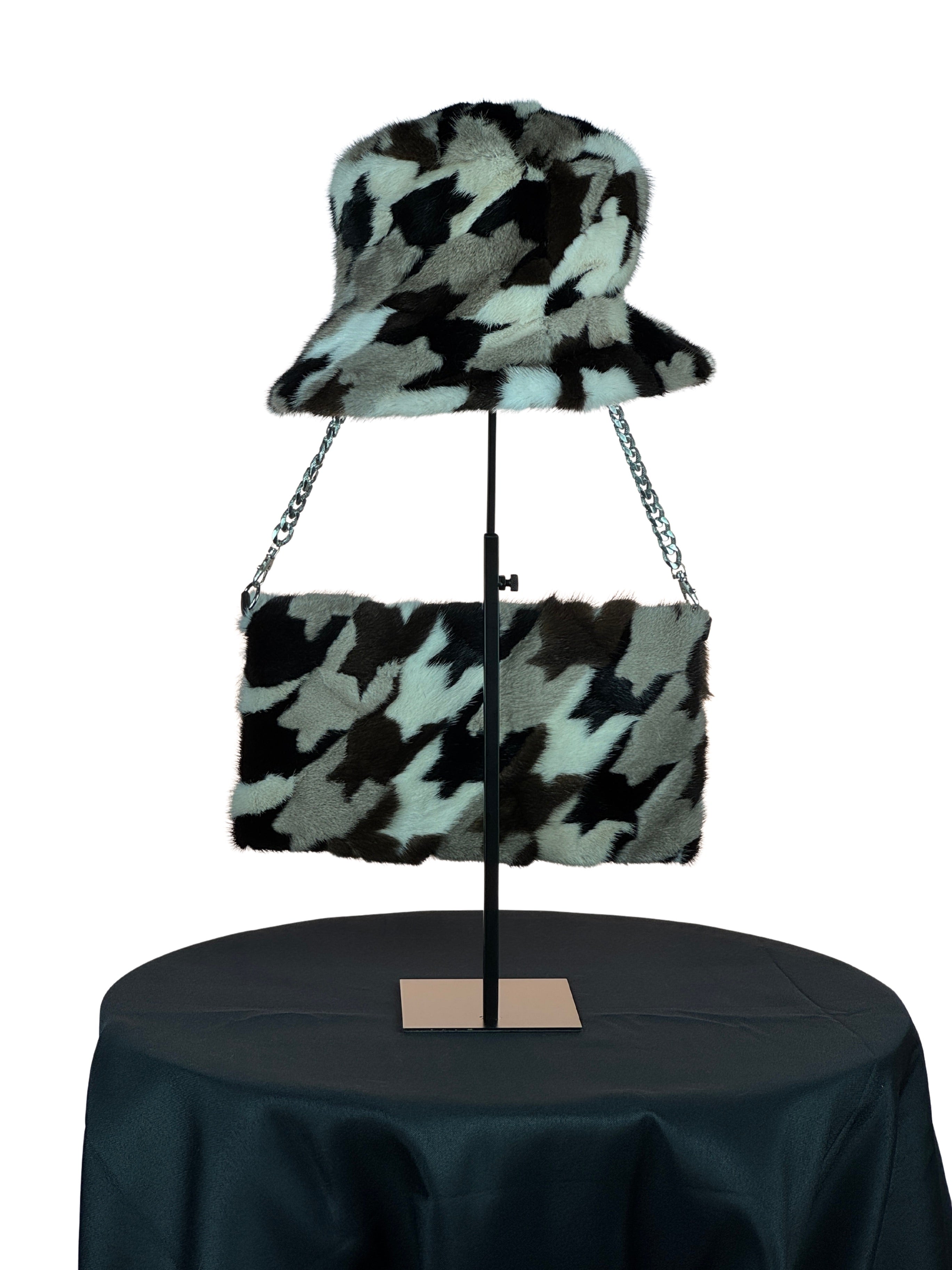 "The Fur Duet" Multi Mink Piece Stylish Chain Clutch Bag With Matching Hat