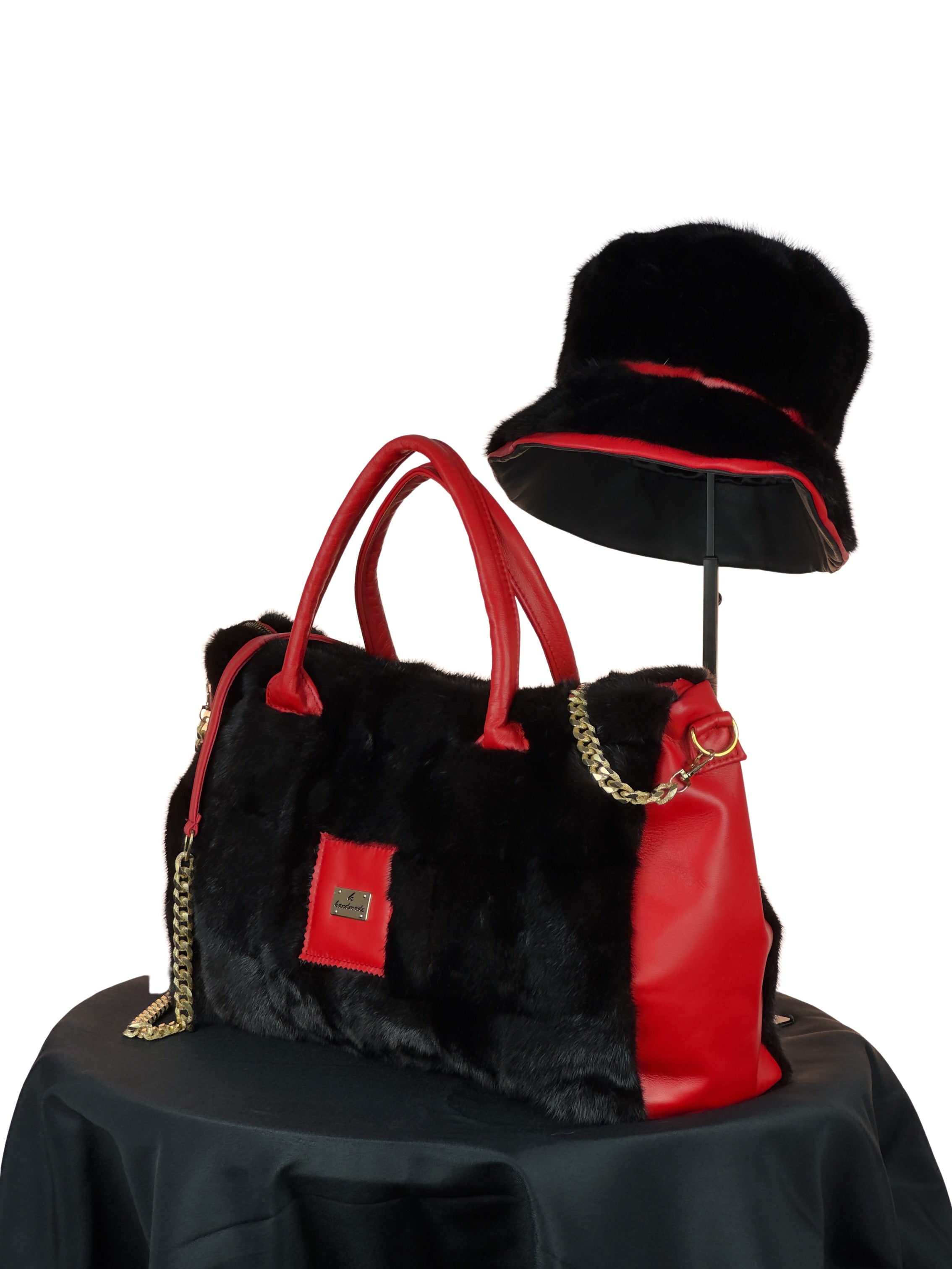"Perfectly Paired" Large Bag With Matching Hat. Black and Red