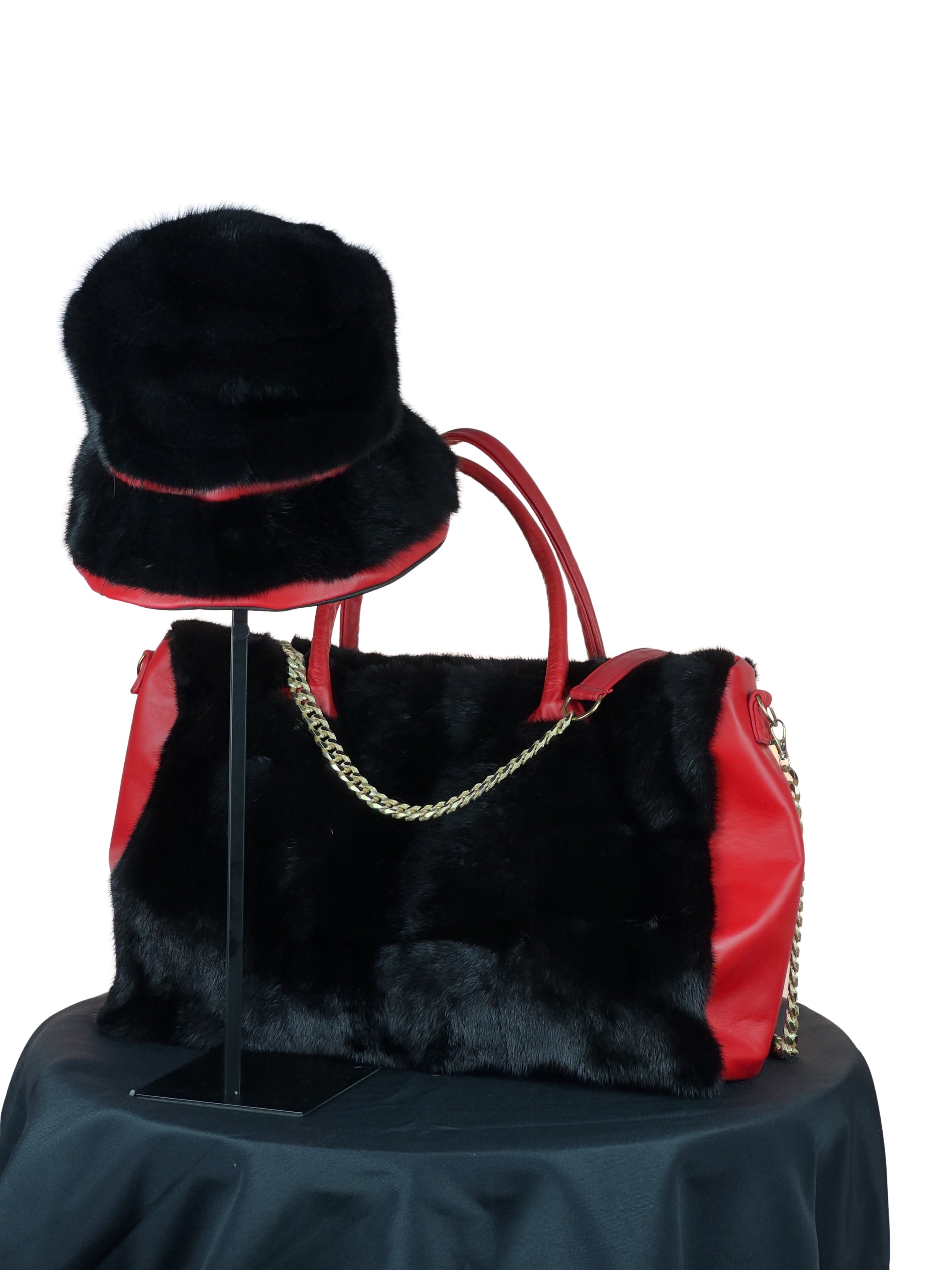 "Perfectly Paired" Large Bag With Matching Hat. Black and Red