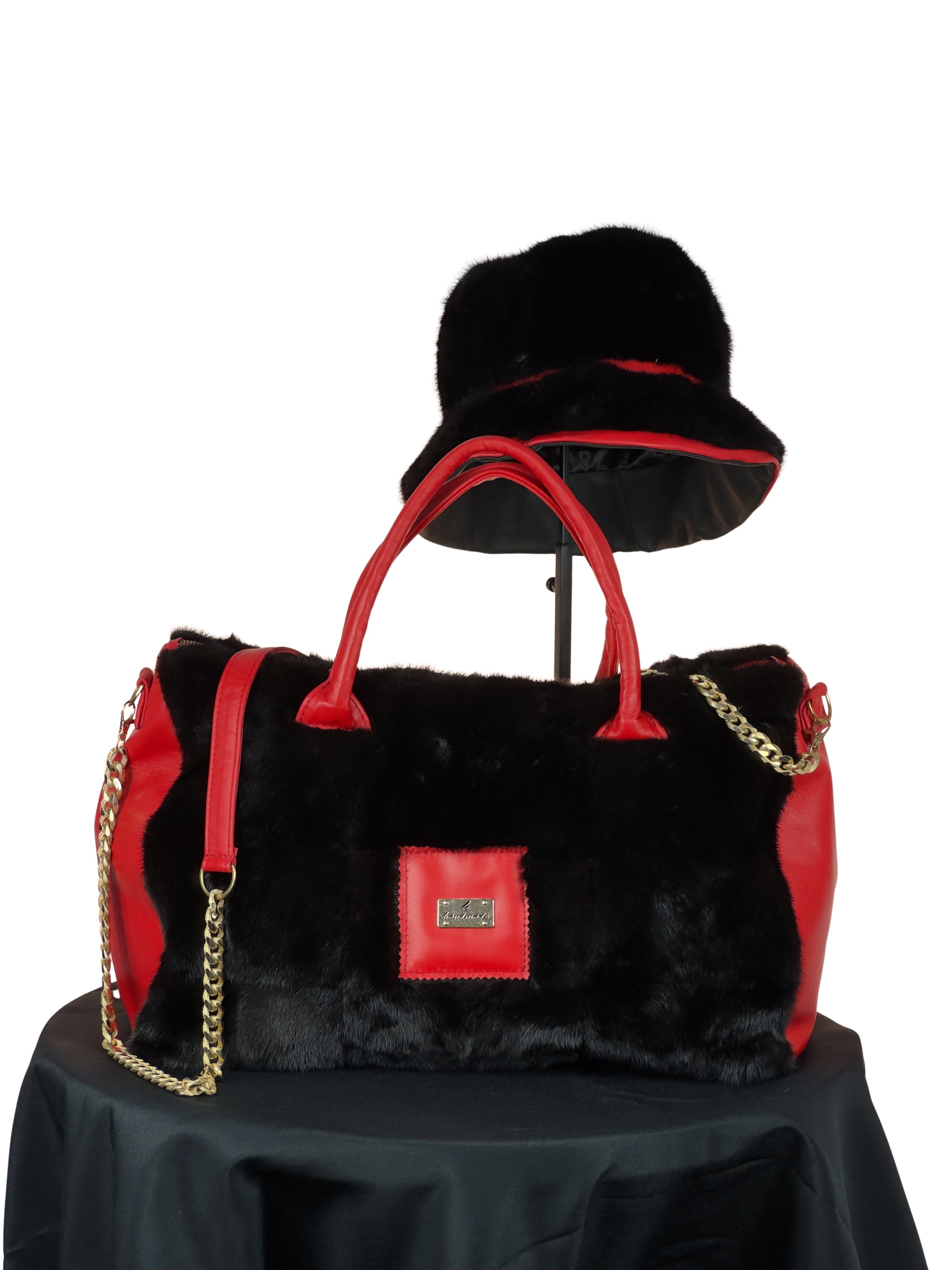 "Perfectly Paired" Large Bag With Matching Hat. Black and Red