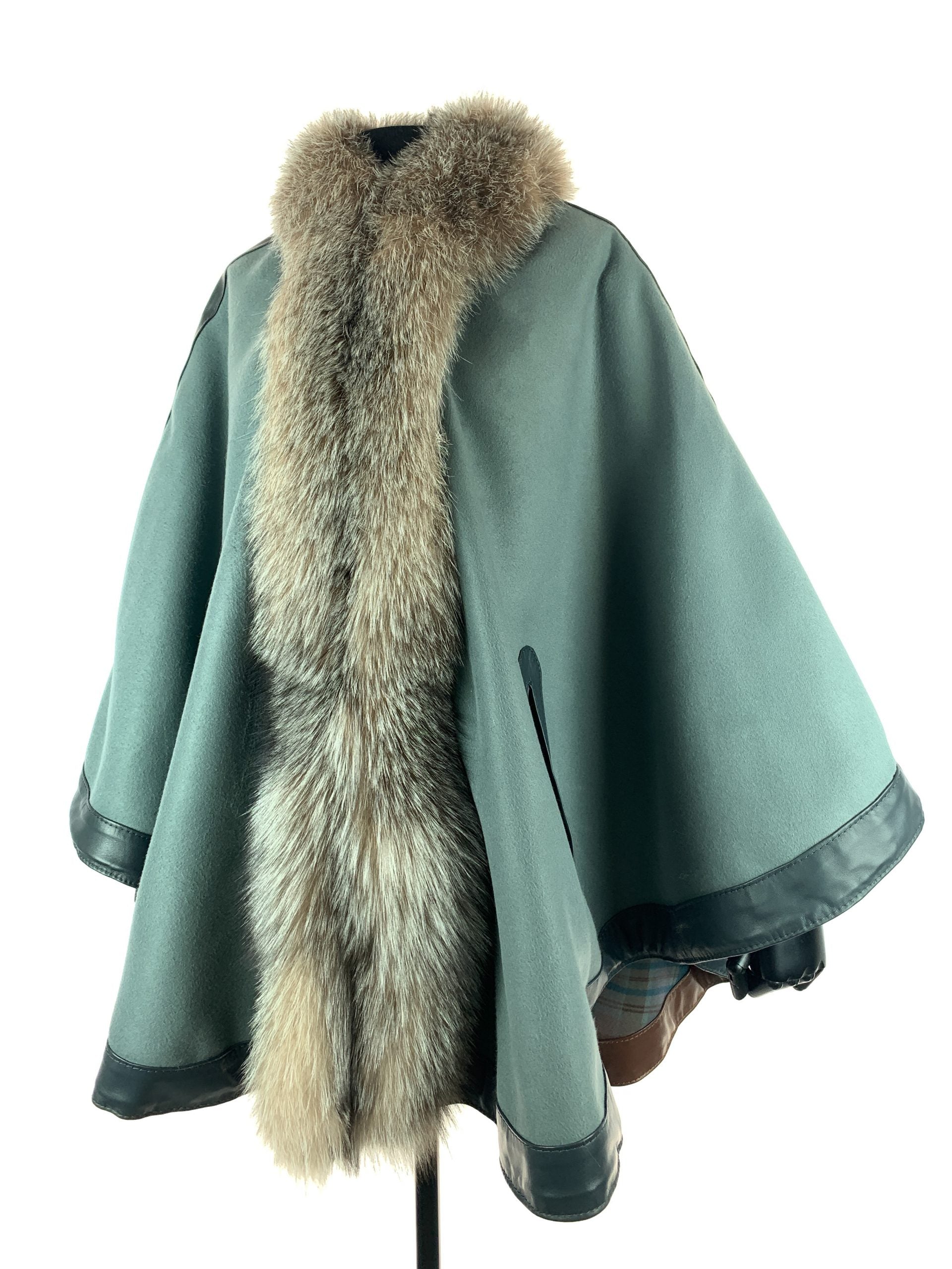 Taupe Tarten reversible poncho with crystal dyed fox trim - full ponch