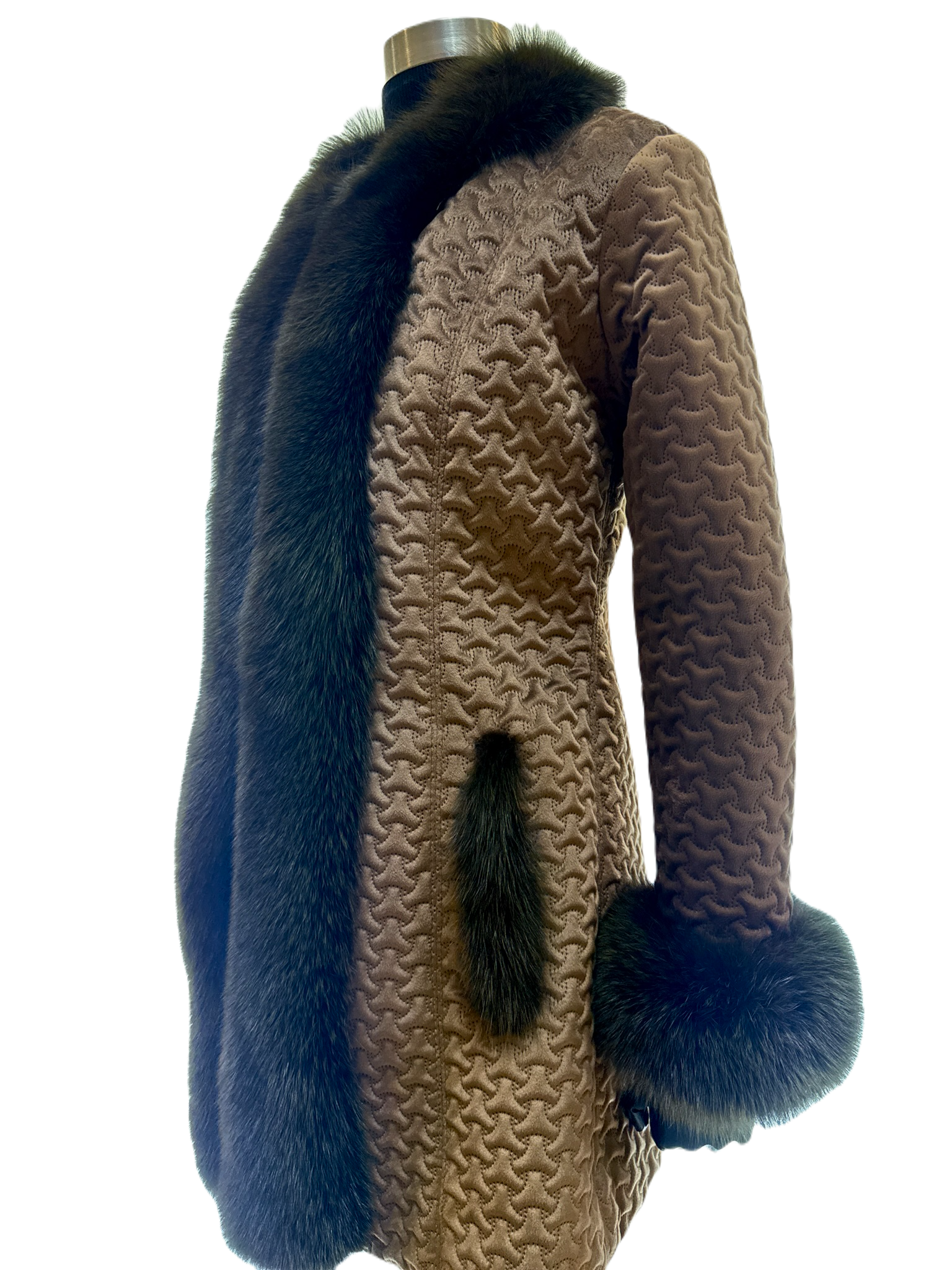 Nutshell Nexus Quilted fabric jacket with brown dyed fox trim and cuffs