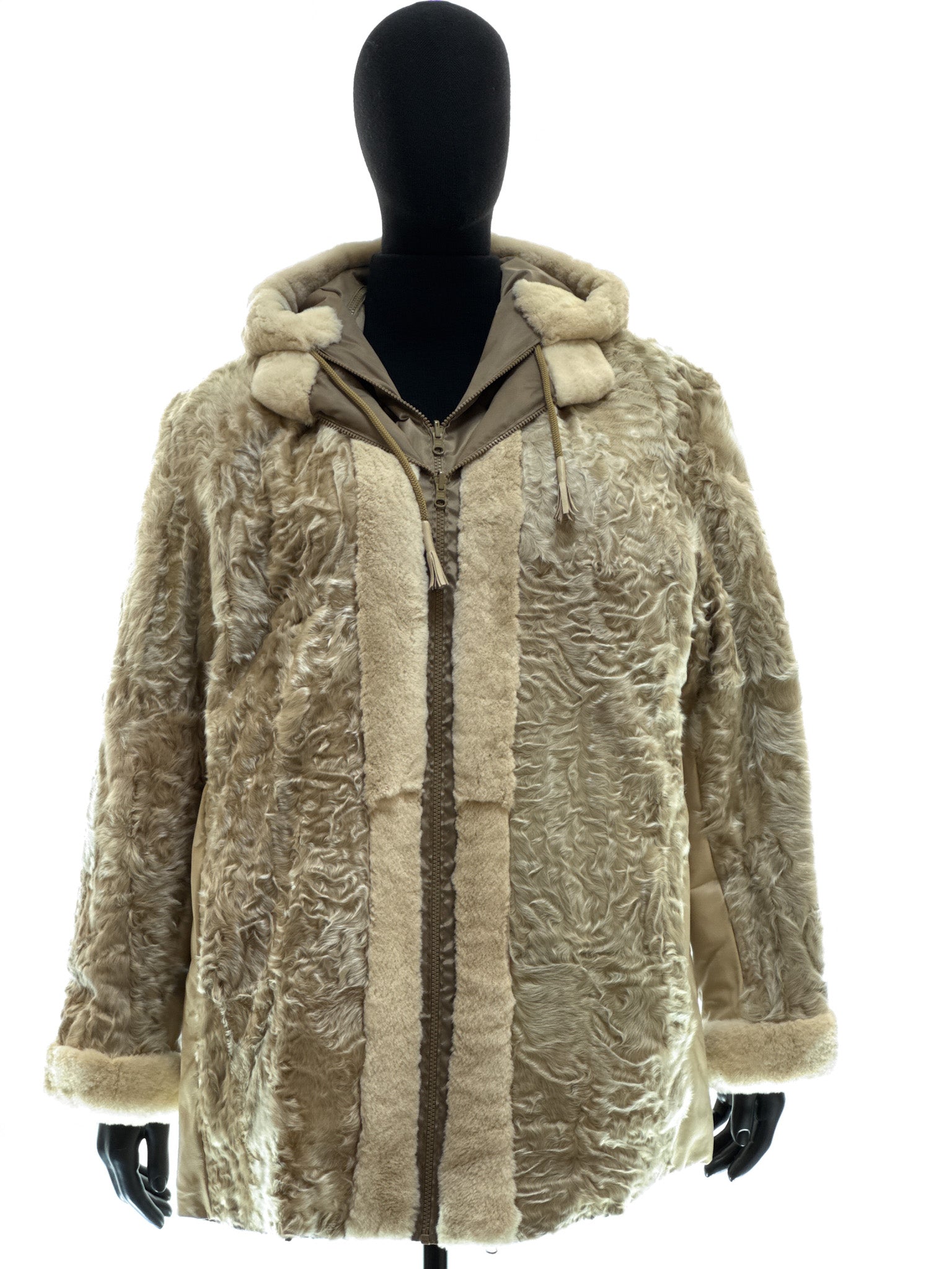 Sand-colored lamb coat with sheared mink trim, reversible design, detachable hood, and waterproof stone-colored fabric