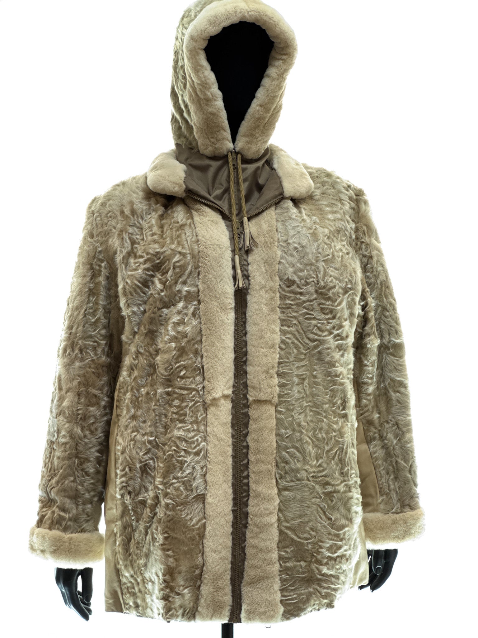 Sand-colored lamb coat with sheared mink trim, reversible design, detachable hood, and waterproof stone-colored fabric