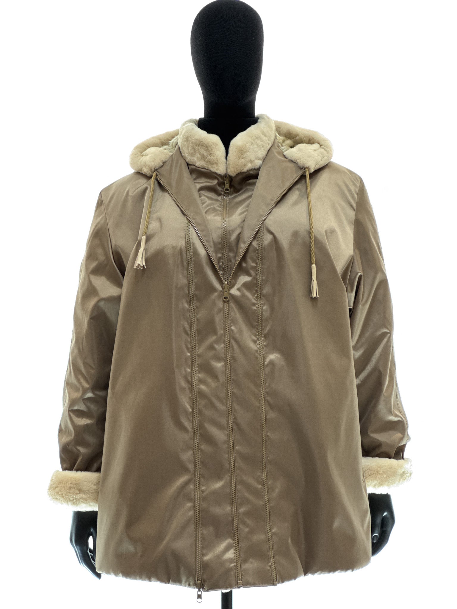 Sand-colored lamb coat with sheared mink trim, reversible design, detachable hood, and waterproof stone-colored fabric