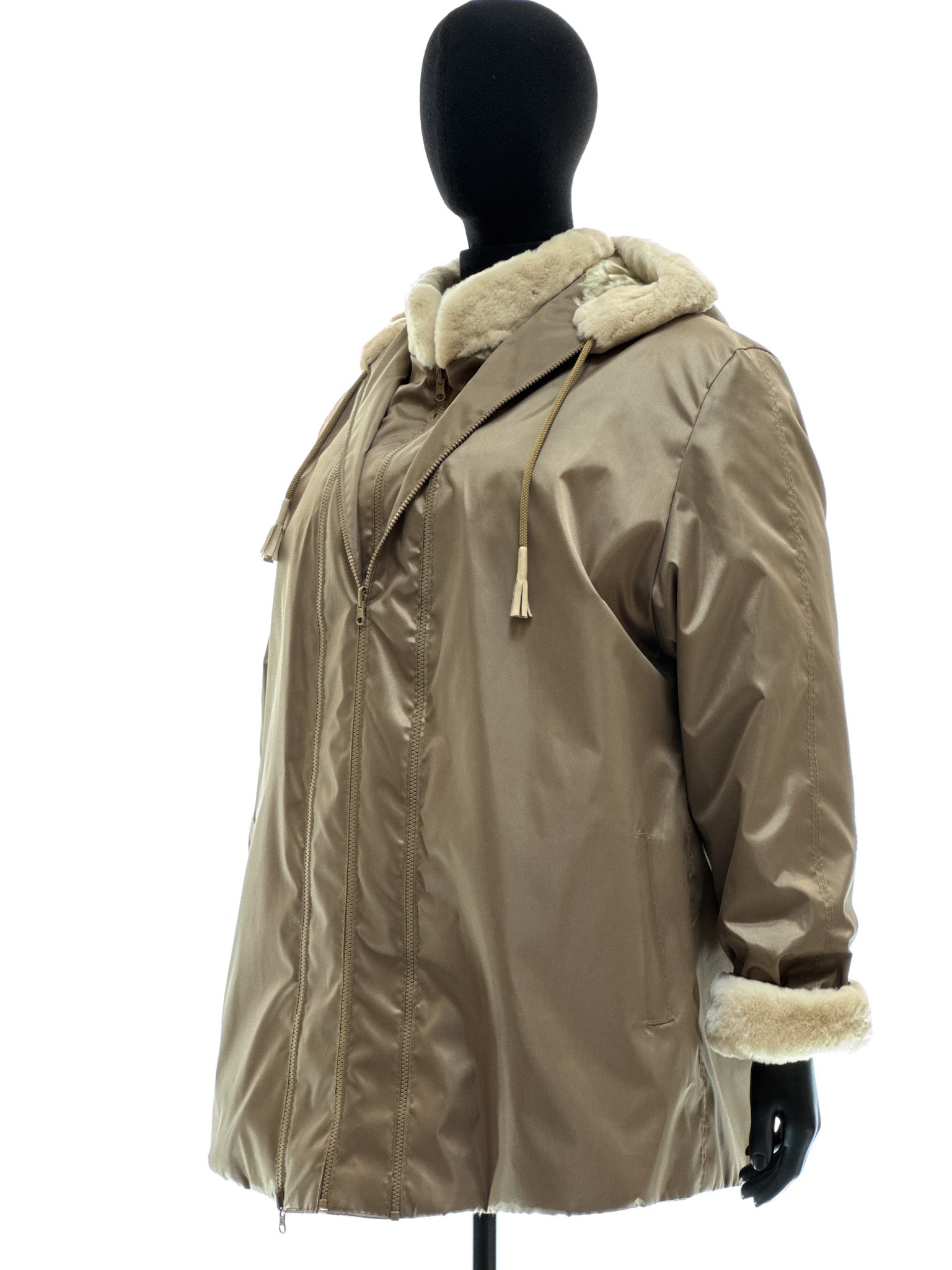 Sand-colored lamb coat with sheared mink trim, reversible design, detachable hood, and waterproof stone-colored fabric