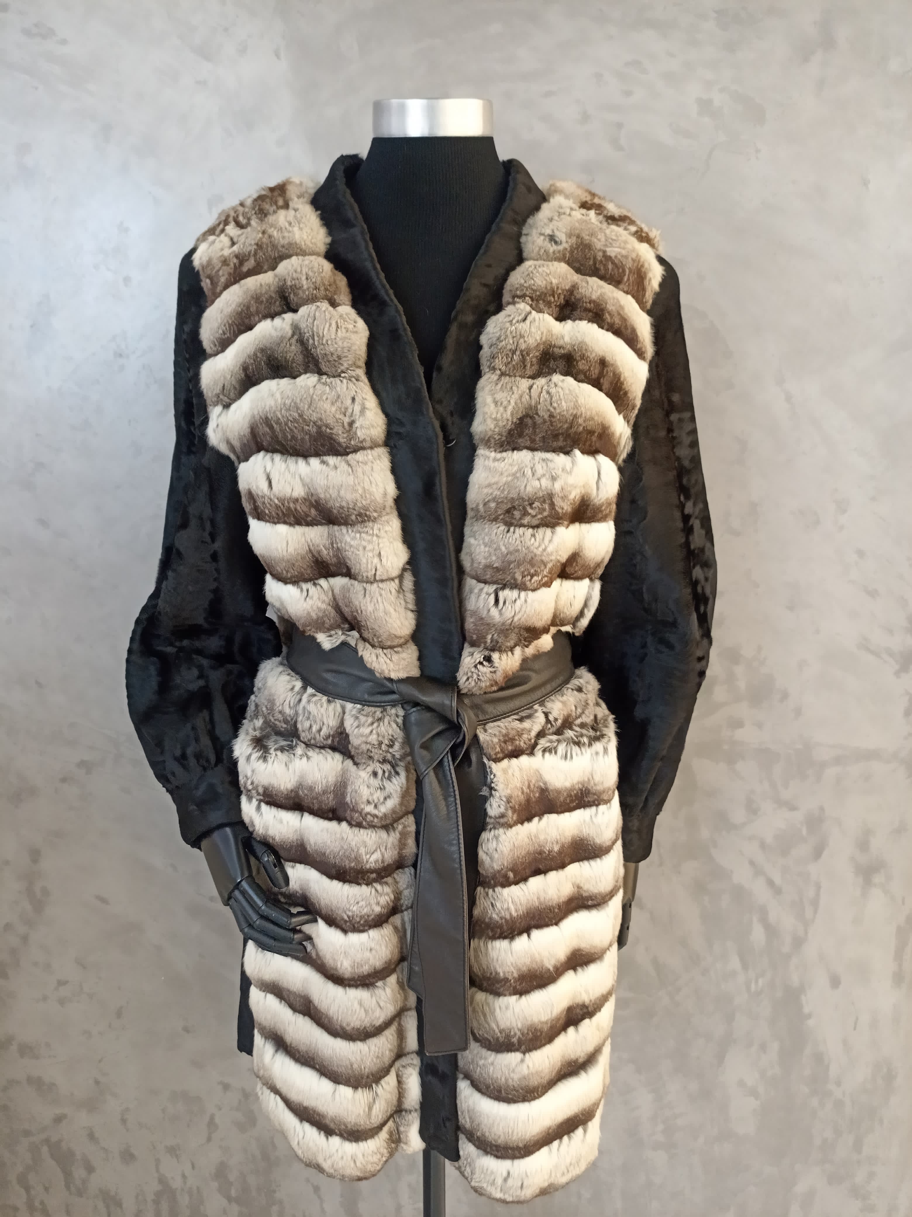 #13682.1 Grey Charcoal Chinchilla Car Coat with Black Swakara Sleeves and Body Inserts