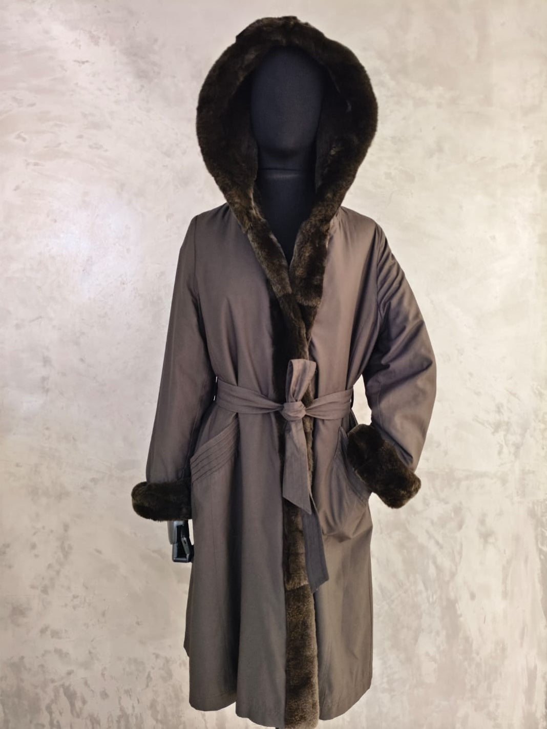 #14705.1 Brown Fabric Hooded Coat, with Sheared Coney Inside  Hood & Bodice, And Brown Rex Around Hood, cuffs & Down Fronts