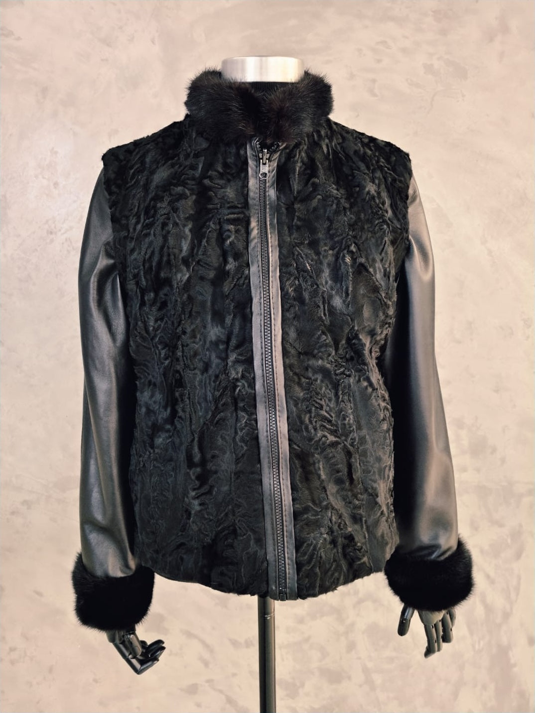 #CPT 18252 Black Swakara Reversible Jacket With Detachable Leather Sleeves & Black Dyed Mink Collar &Cuffs