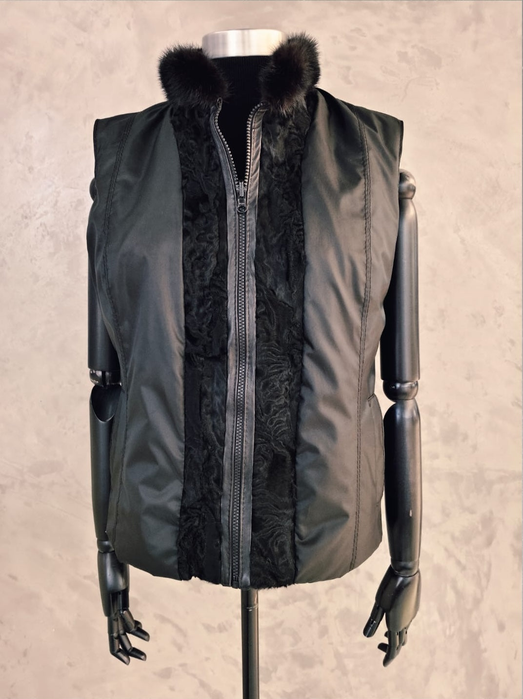 #CPT 18252 Black Swakara Reversible Jacket With Detachable Leather Sleeves & Black Dyed Mink Collar &Cuffs