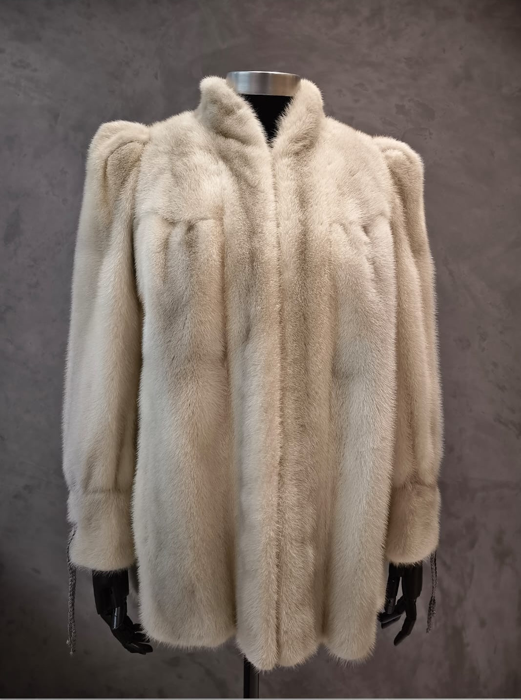 # 14374 Pearl "Male Mink" Skin Jacket With Grey Cord Cuff Detail.