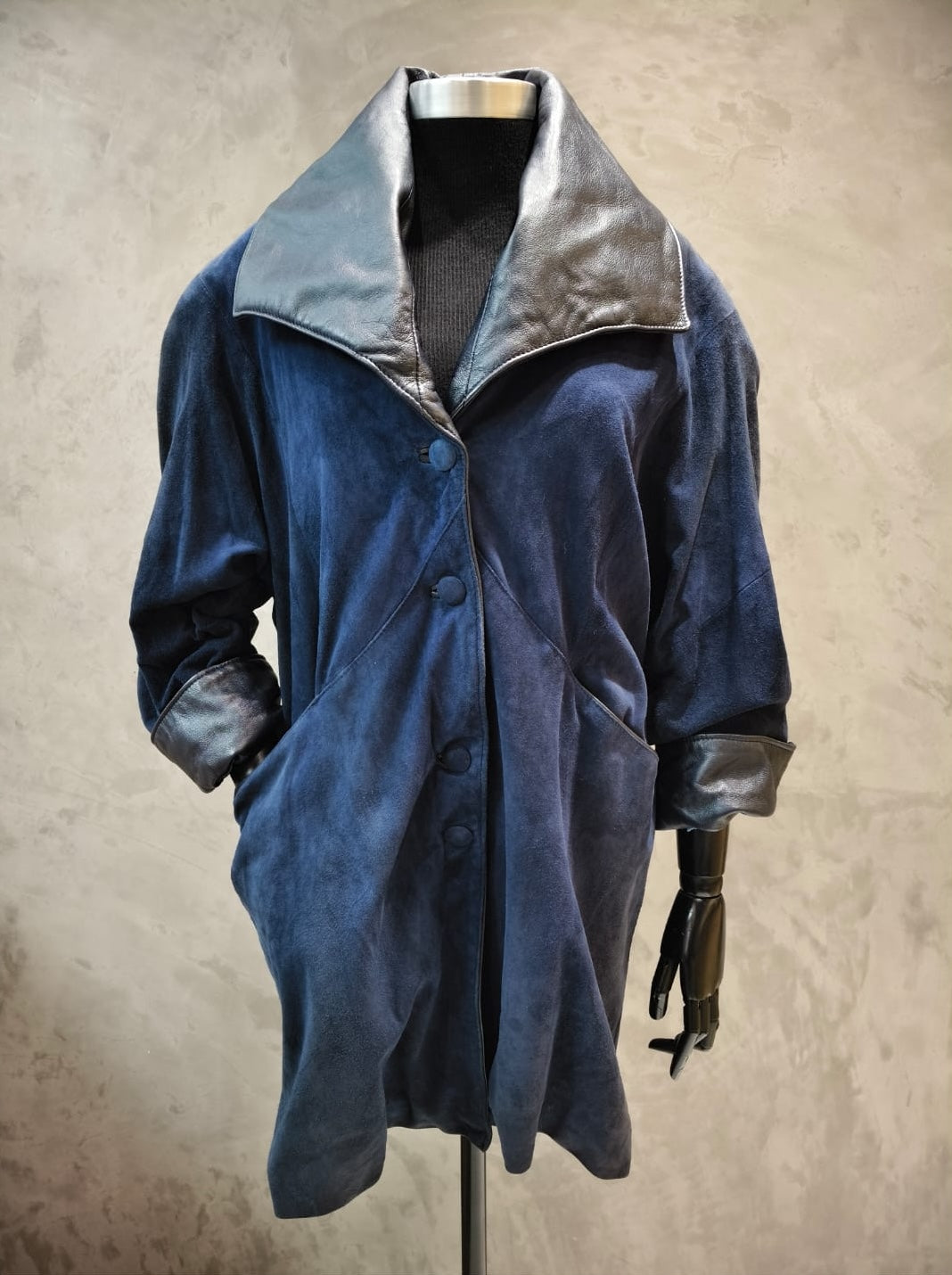 # 14213 Blue Suede Car Coat With Nappa Leather Wide Point Collar & Cuffs