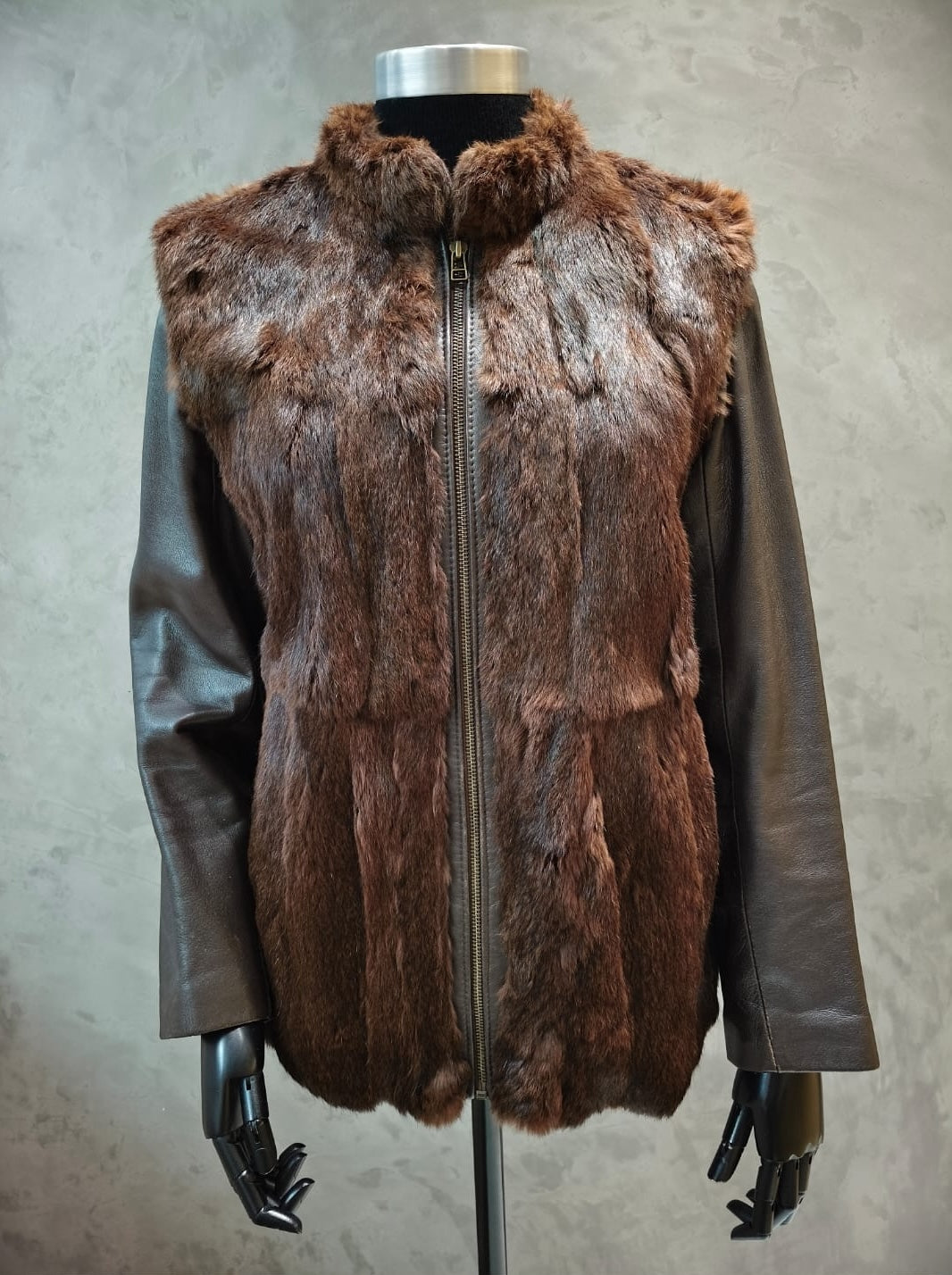 # 14218 Multi Brown Coney Jacket With Detachable Leather Sleeves