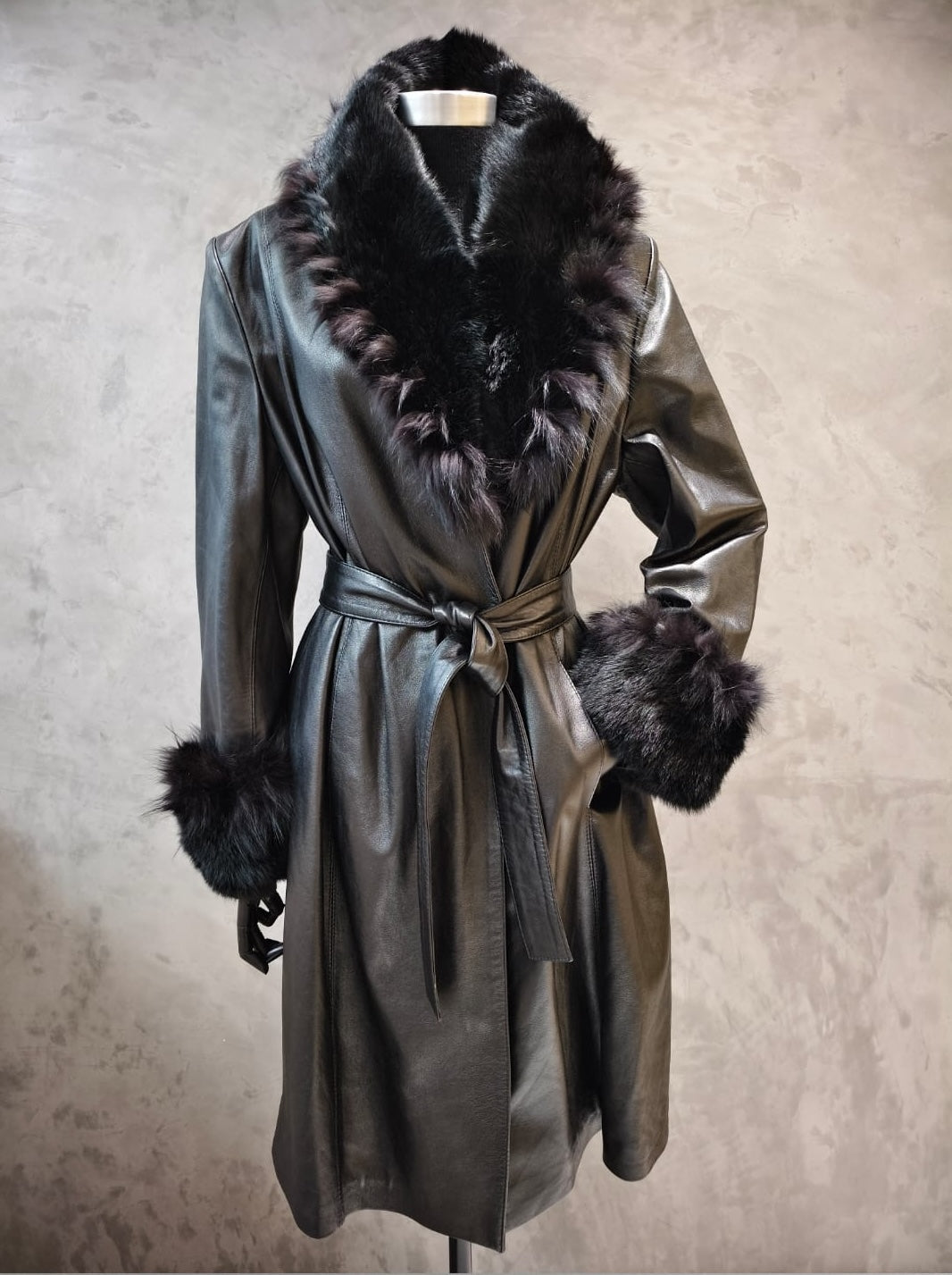 # CPT 18284 Black Nappa Leather Coat, With Fox Trim On Black Coney Collar & Cuffs.