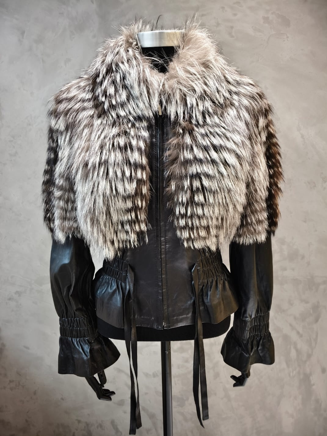 # CPT 18284 Feather Worked Silver Fox Short Jacket With Leather Inserts & Band.