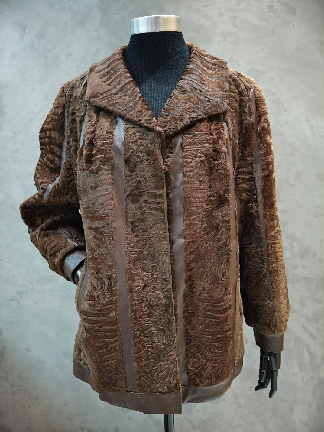 CPT 18284 Multi Shade Brown Swakara Jacket With Leather Inserts.