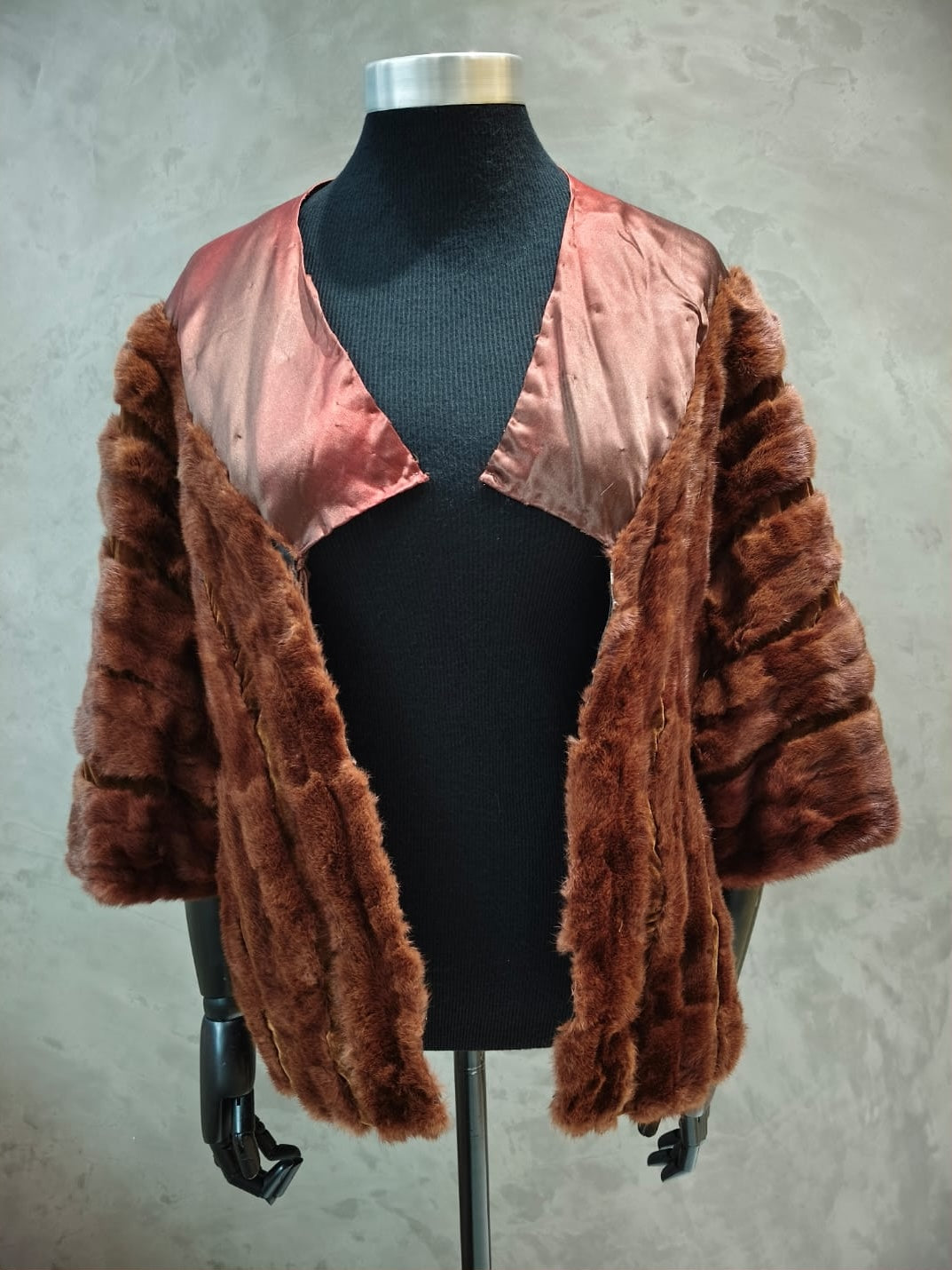 #CPT 18287 Tan-Red Ermine Cape With Fabric Inserts.