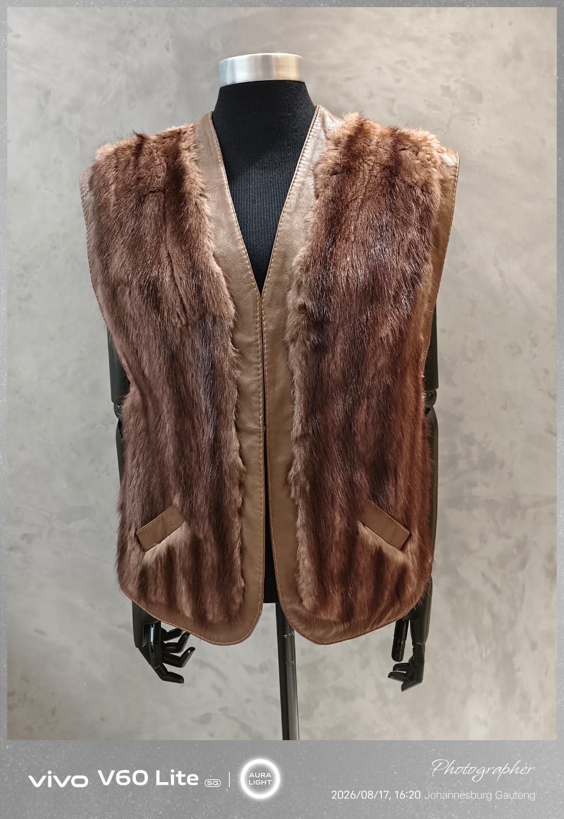 # 14237.1 Dark Stripe Brown Taupe Flanked Musquash Waist Coat With Congac Leather Trim
