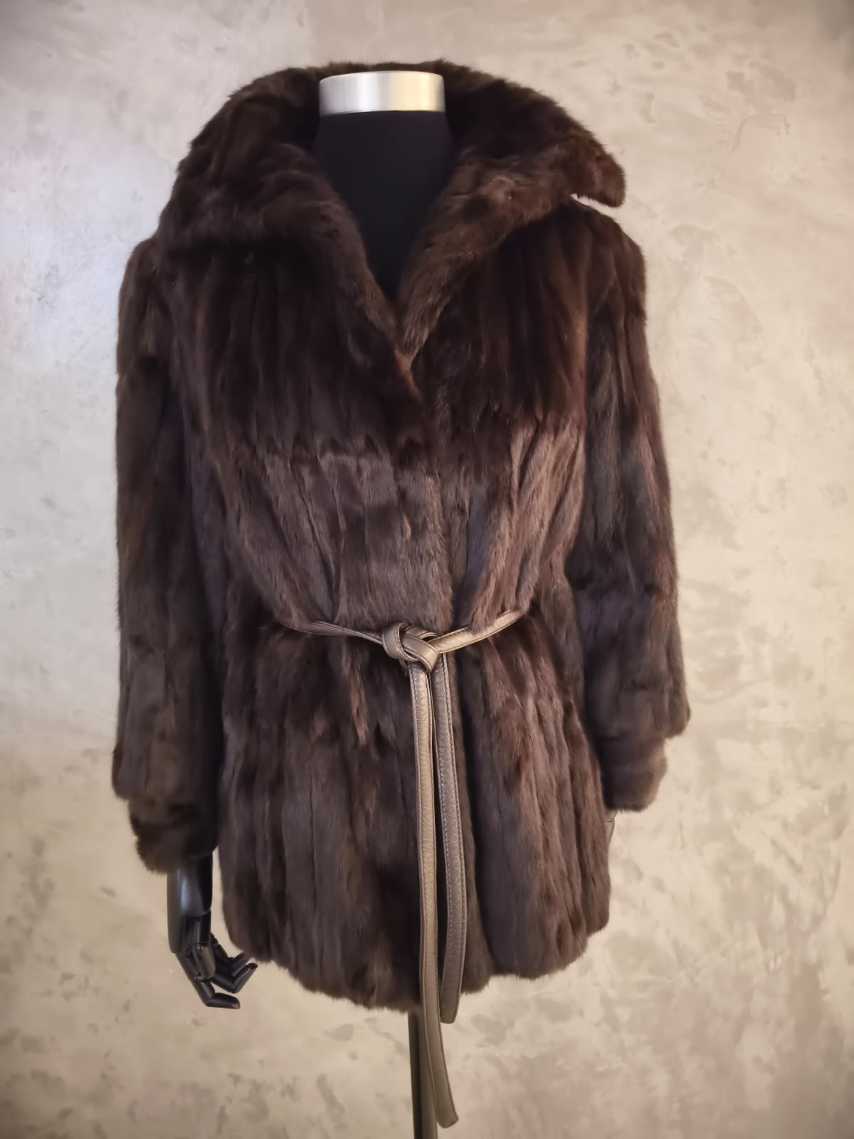 # 14259.1 Dark Canadian Squirrel Jacket With Leather Strip Belt