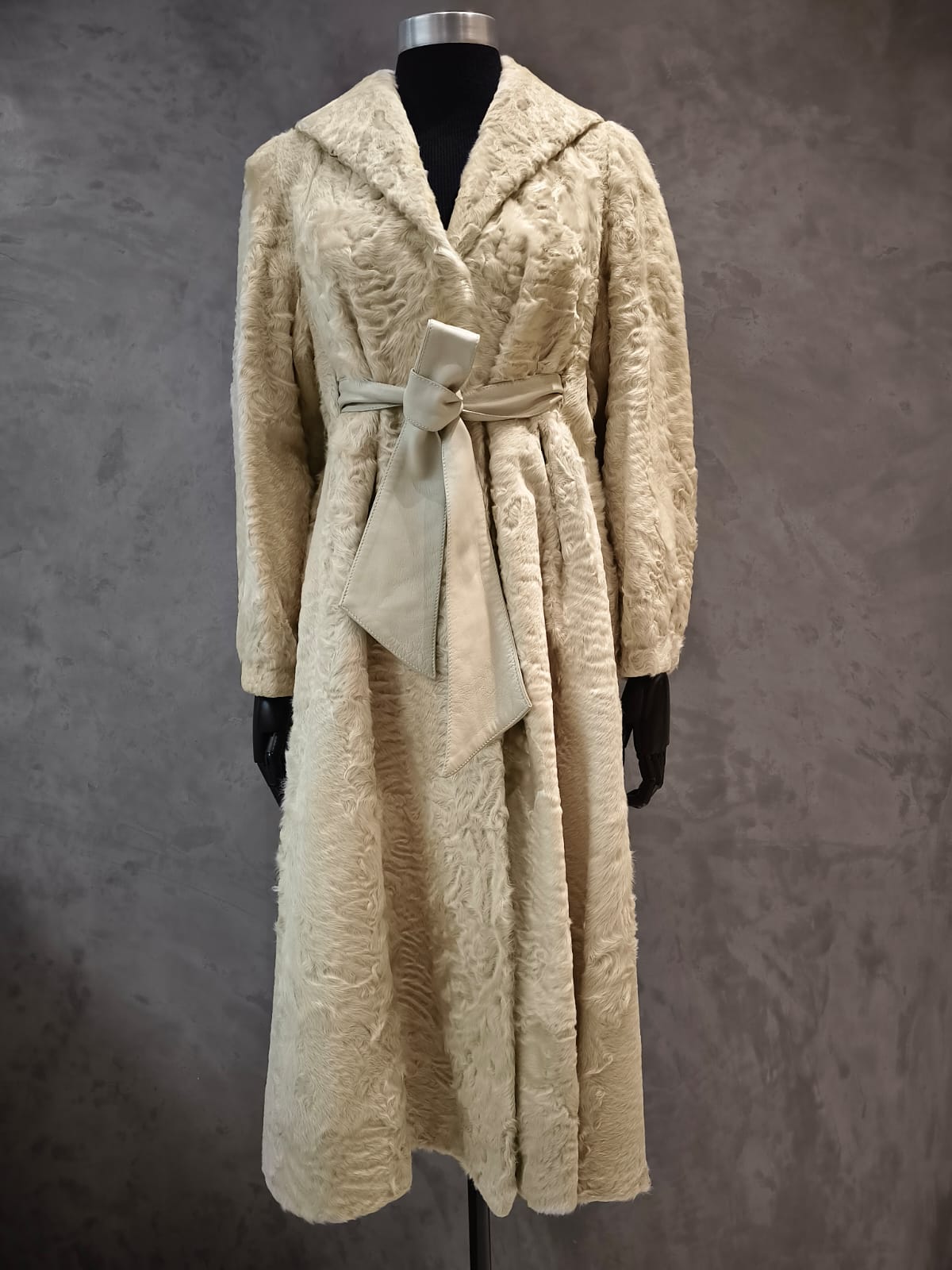 #14275.1 Ivory Cream Swakara Coat With Leather Belt