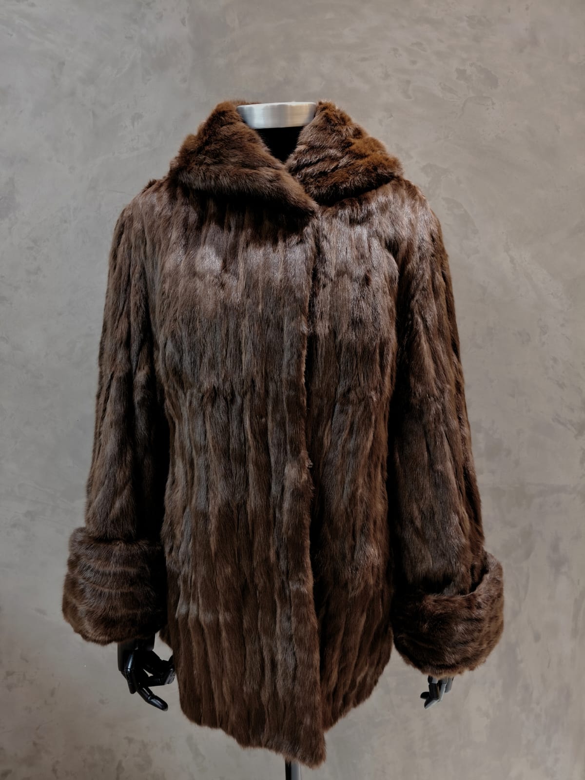 # 14257.1 Brown Canadian Squirrel Car Coat With Wide Cocktail Cuffs & Roll Collar