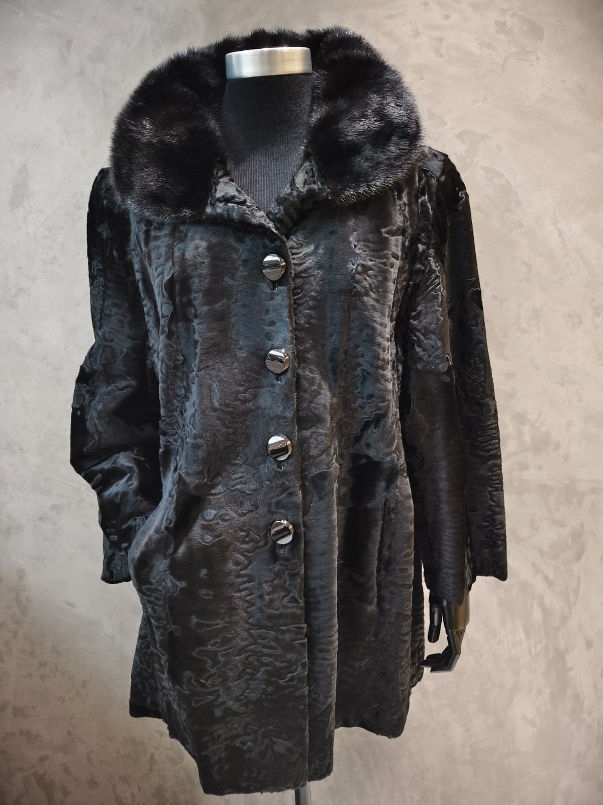 #  14291.1 Black Water silk Swakara Jacket With Black Dyed Wide Mink Collar
