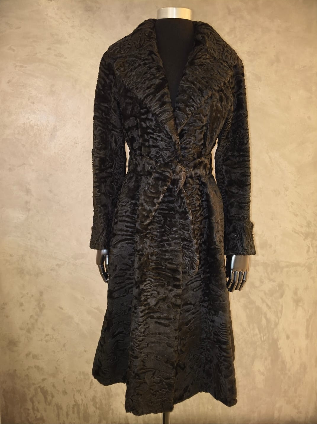 # 14309.1 Black Swakara Coat With Button Cuff, Notch Collar & Belt Detail