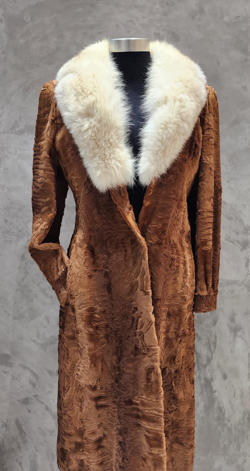 Rust/tan Swakara coat with blue fox notch collar