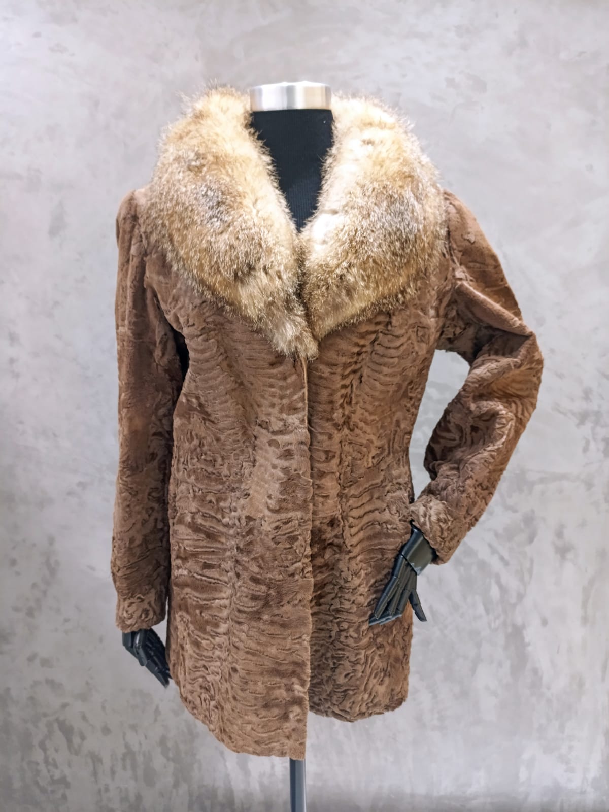 #13800 Taupe Swakara Car Coat with Bat Eared Fox Roll Collar