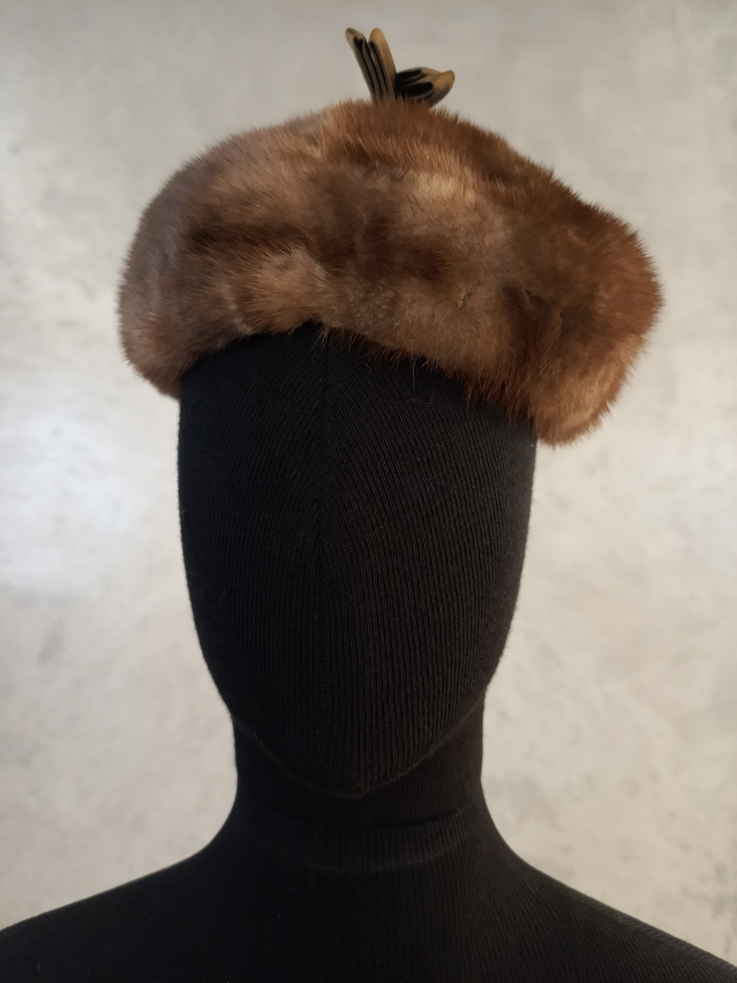#14087.1 Autumn Haze Mink Hat with Fabric Ribbon