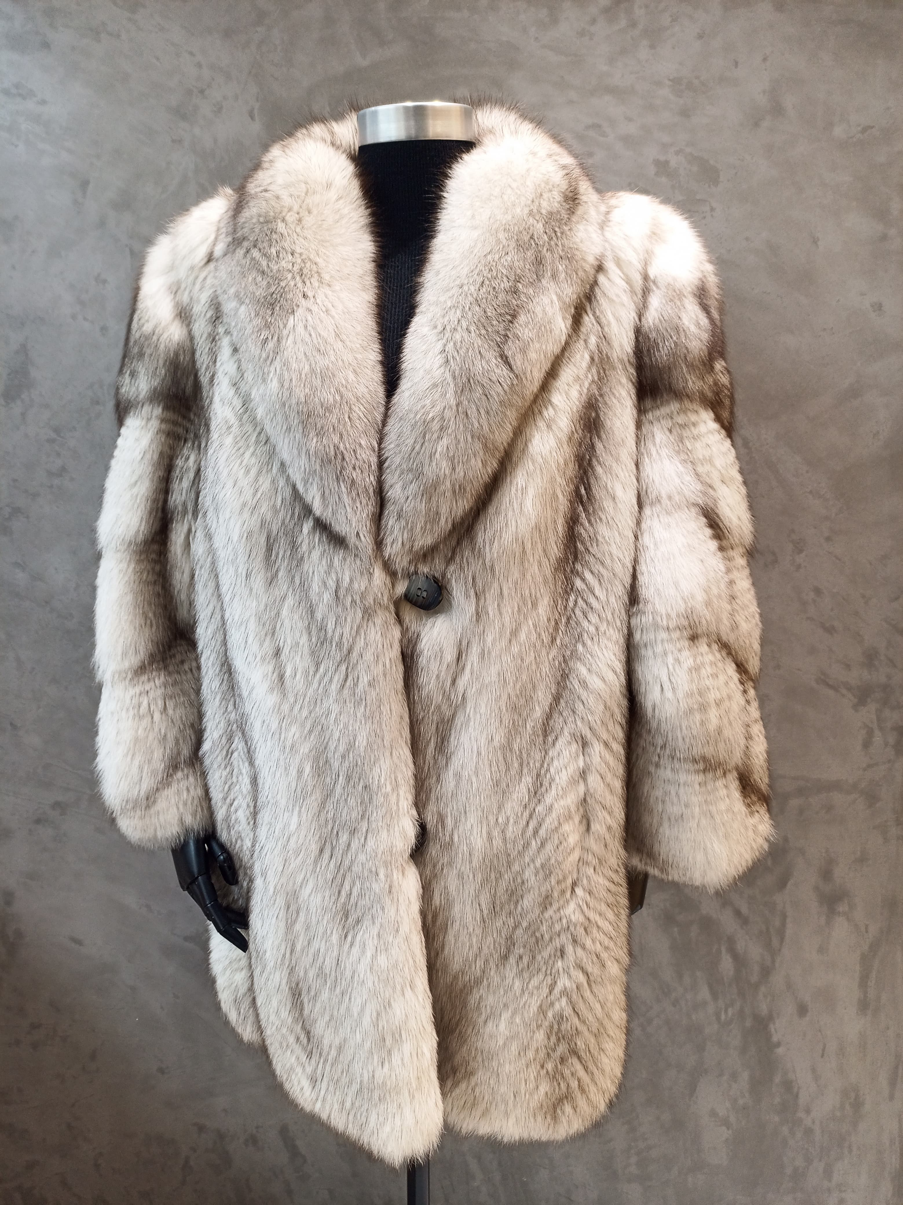 #13928.4 Blue Fox Feather Worked Long Jacket With Diagonal Worked Sleeves