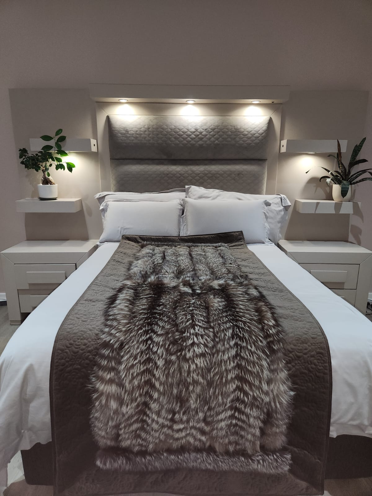 Feather worked natural silver fox throw with quilted edging 223 x 102cm