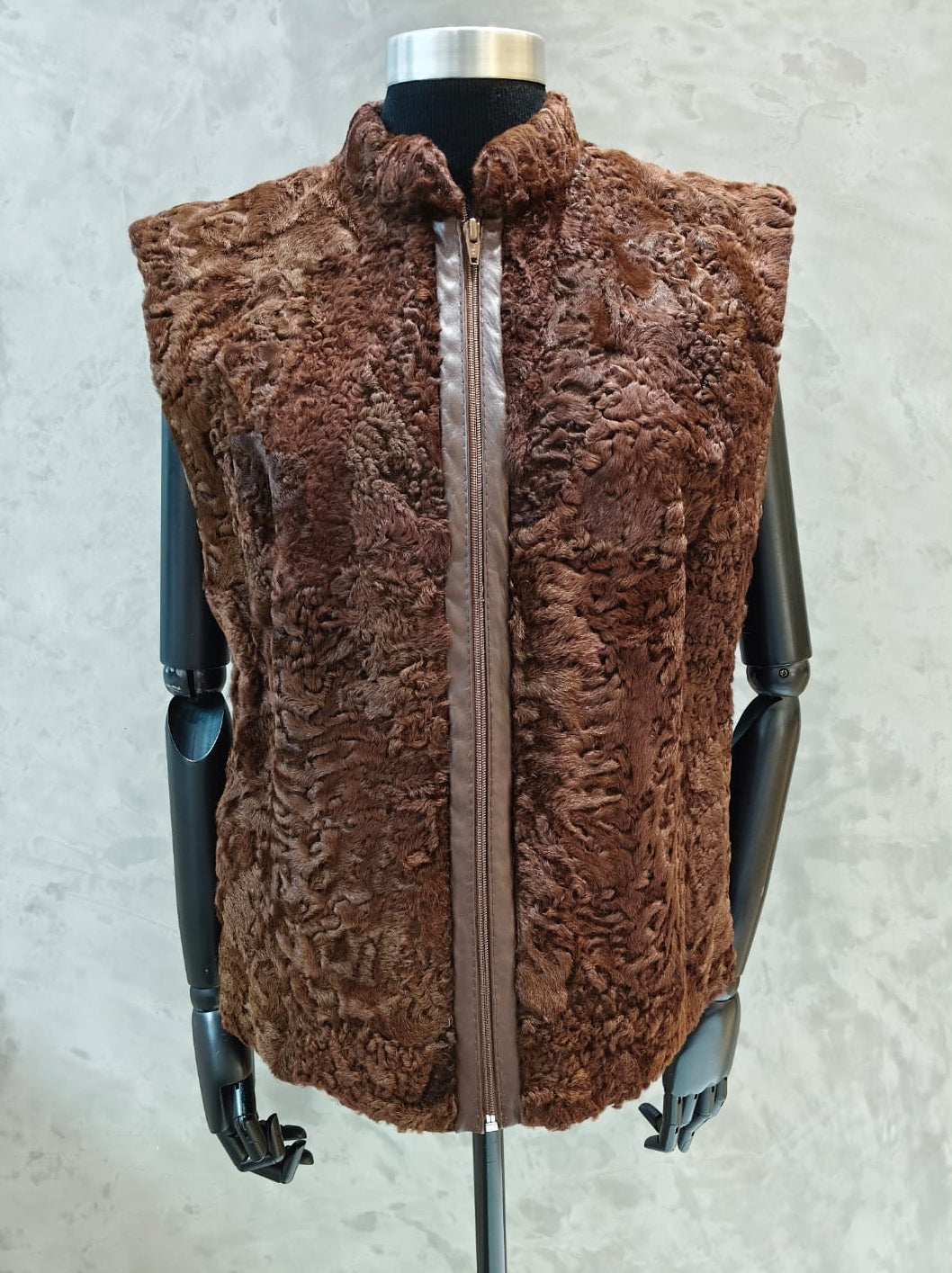 #14342 Brown Karakul Portion Waistcoat With Brown Leather Back