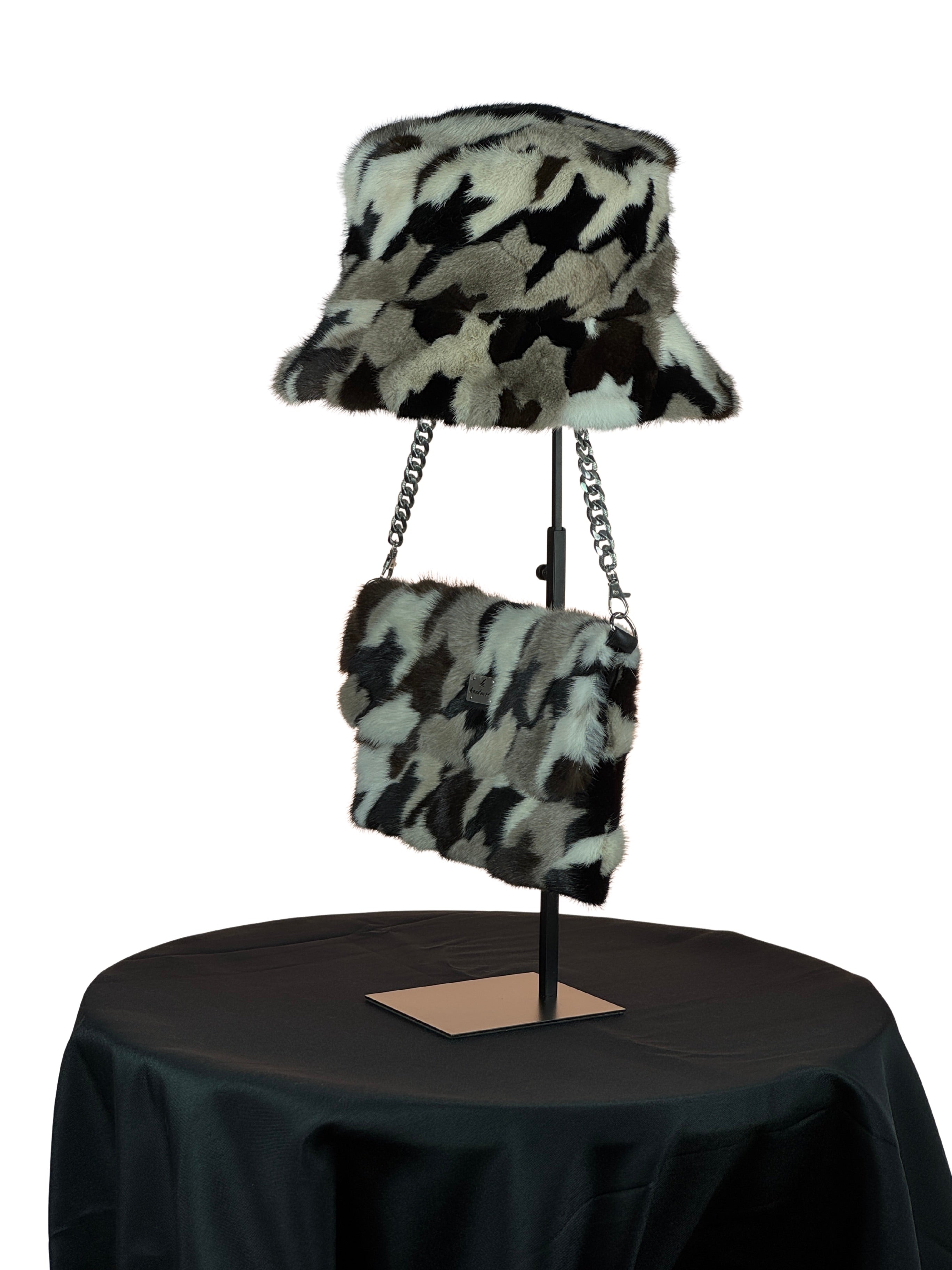 "The Fur Duet" Multi Mink Piece Stylish Chain Clutch Bag With Matching Hat