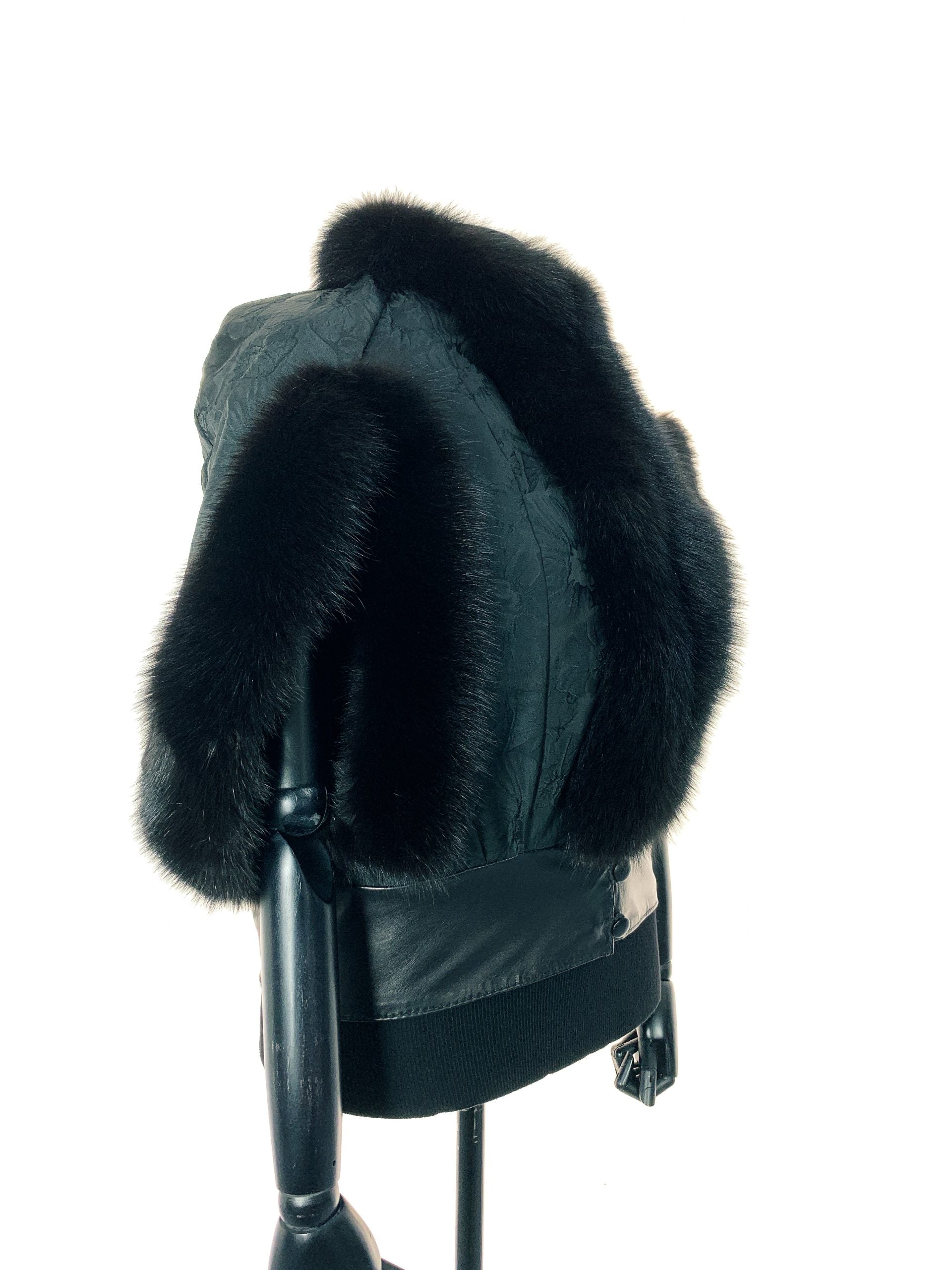 Black Floral trimmed with black dyed fox with double leather hem band