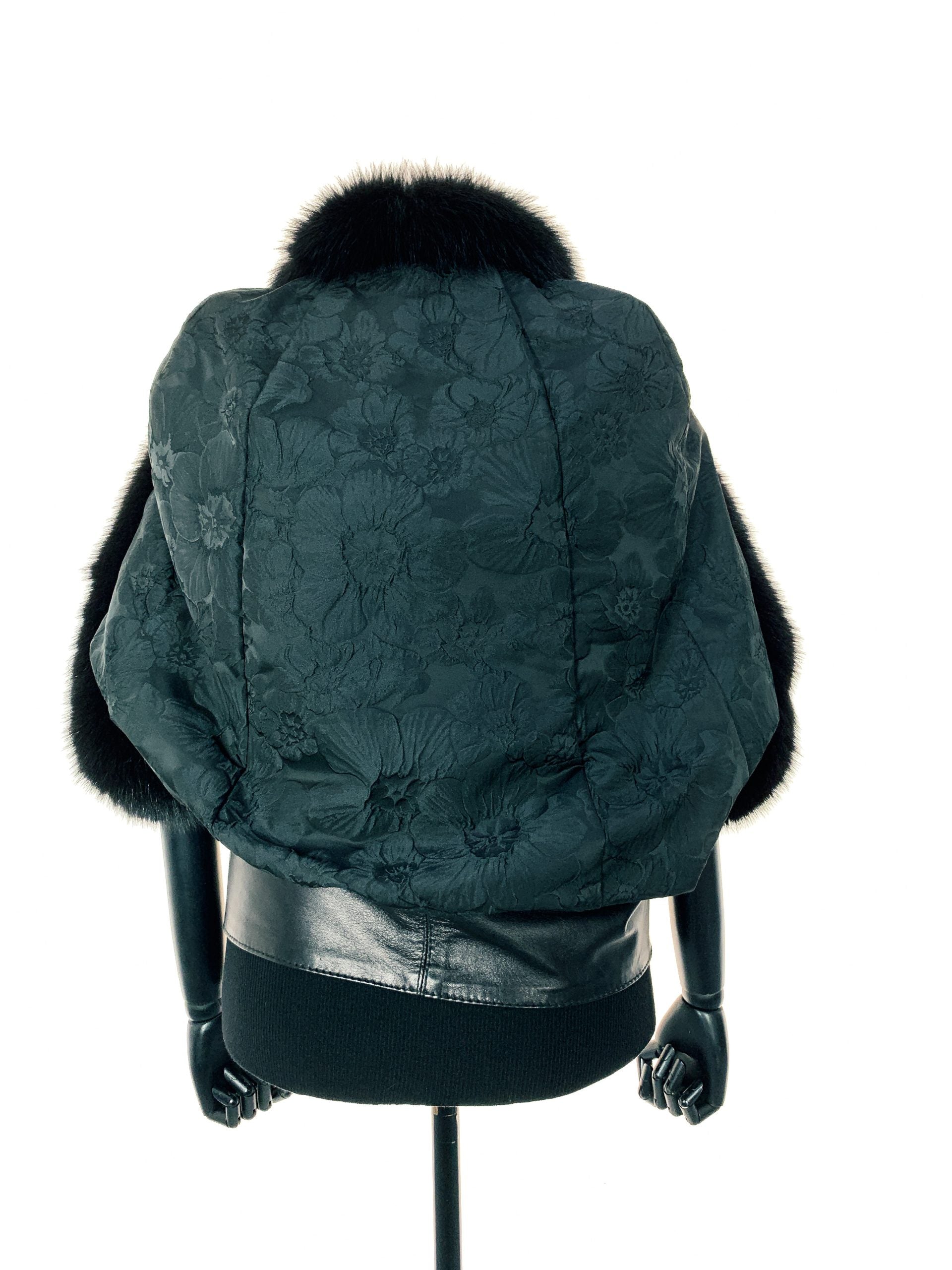 Black Floral trimmed with black dyed fox with double leather hem band