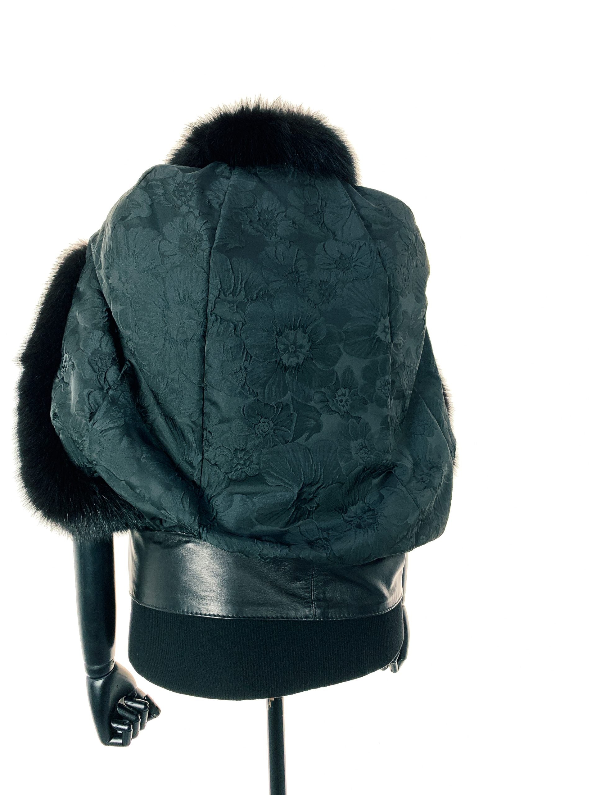 Black Floral trimmed with black dyed fox with double leather hem band