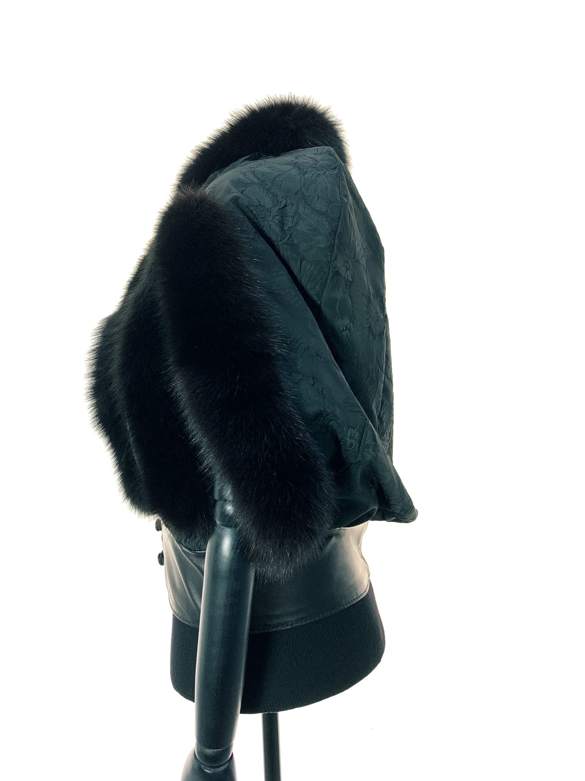 Black Floral trimmed with black dyed fox with double leather hem band