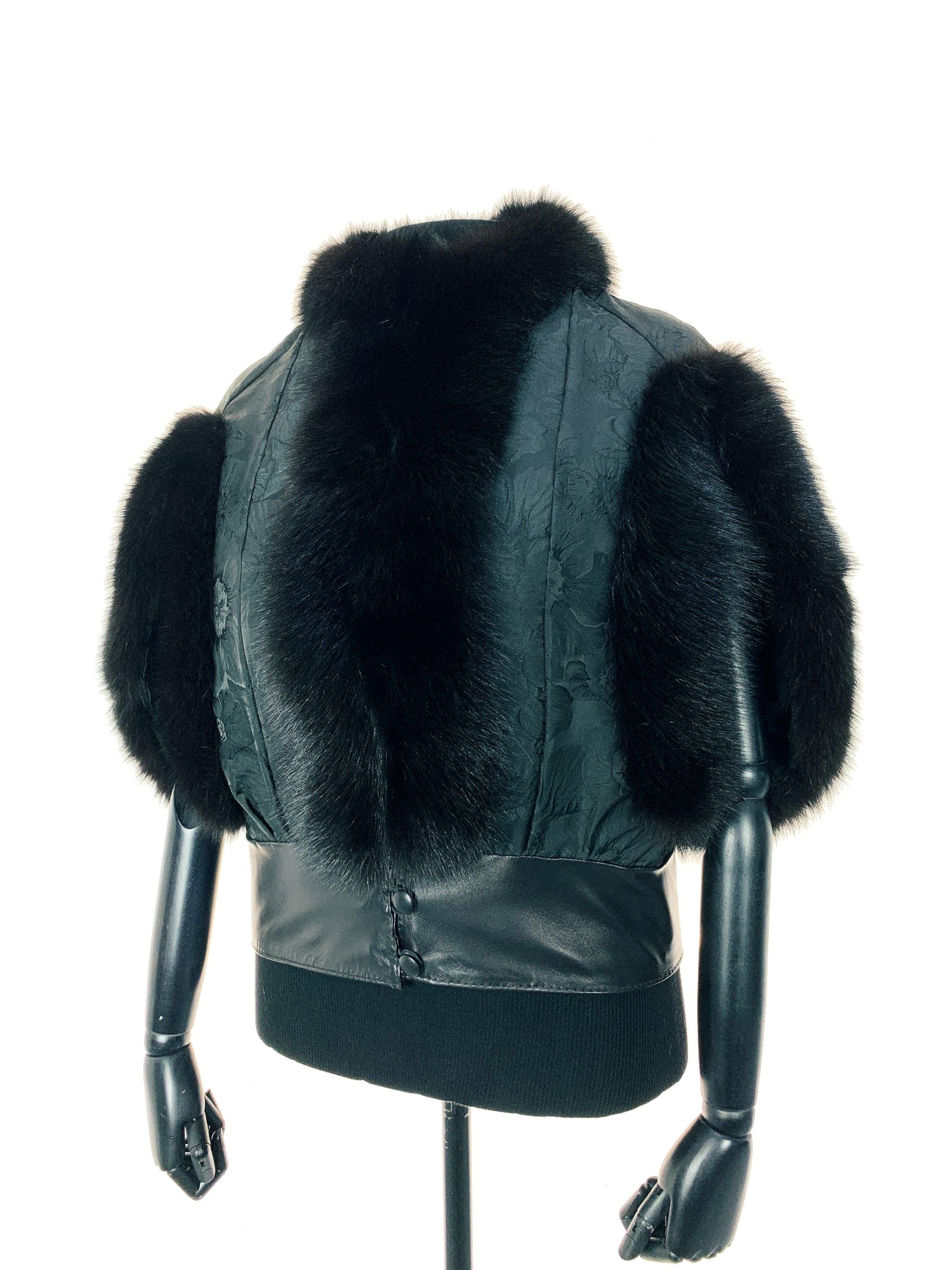 Black Floral trimmed with black dyed fox with double leather hem band