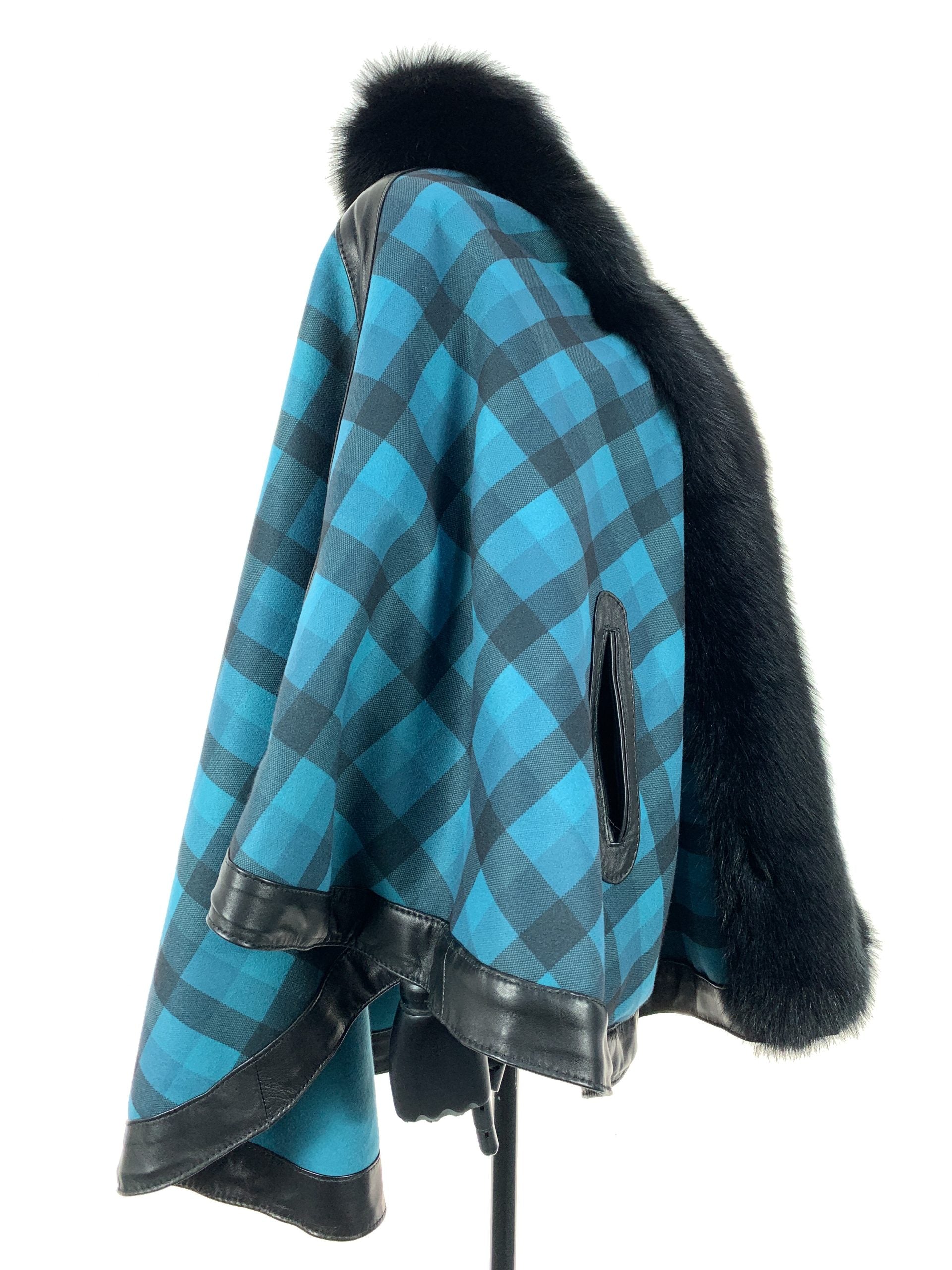 Petrol Blue Tartan Reversible Full Poncho With Black Dyed Fox Trim And Leather Trim Detail