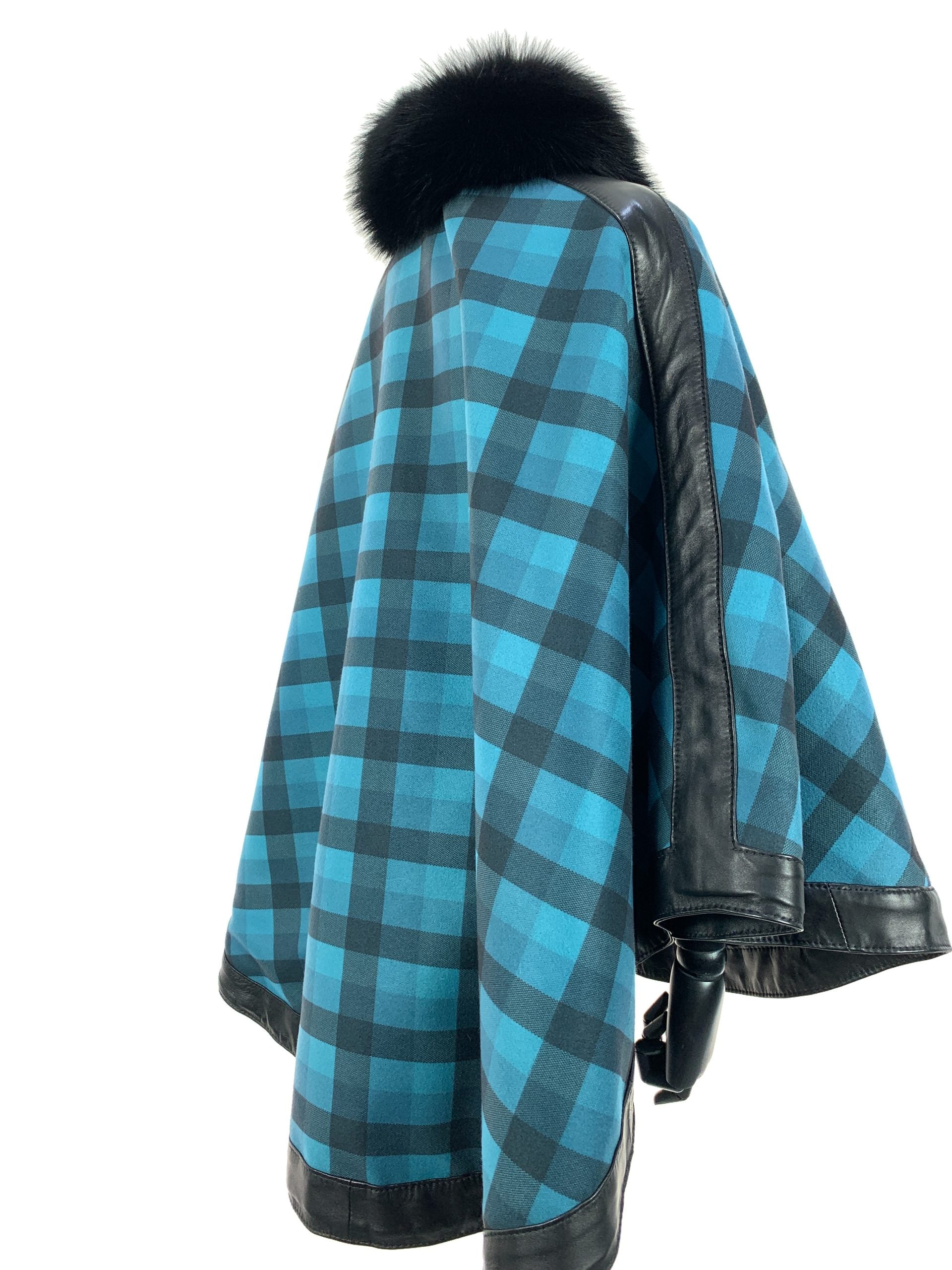 Petrol Blue Tartan Reversible Full Poncho With Black Dyed Fox Trim And Leather Trim Detail