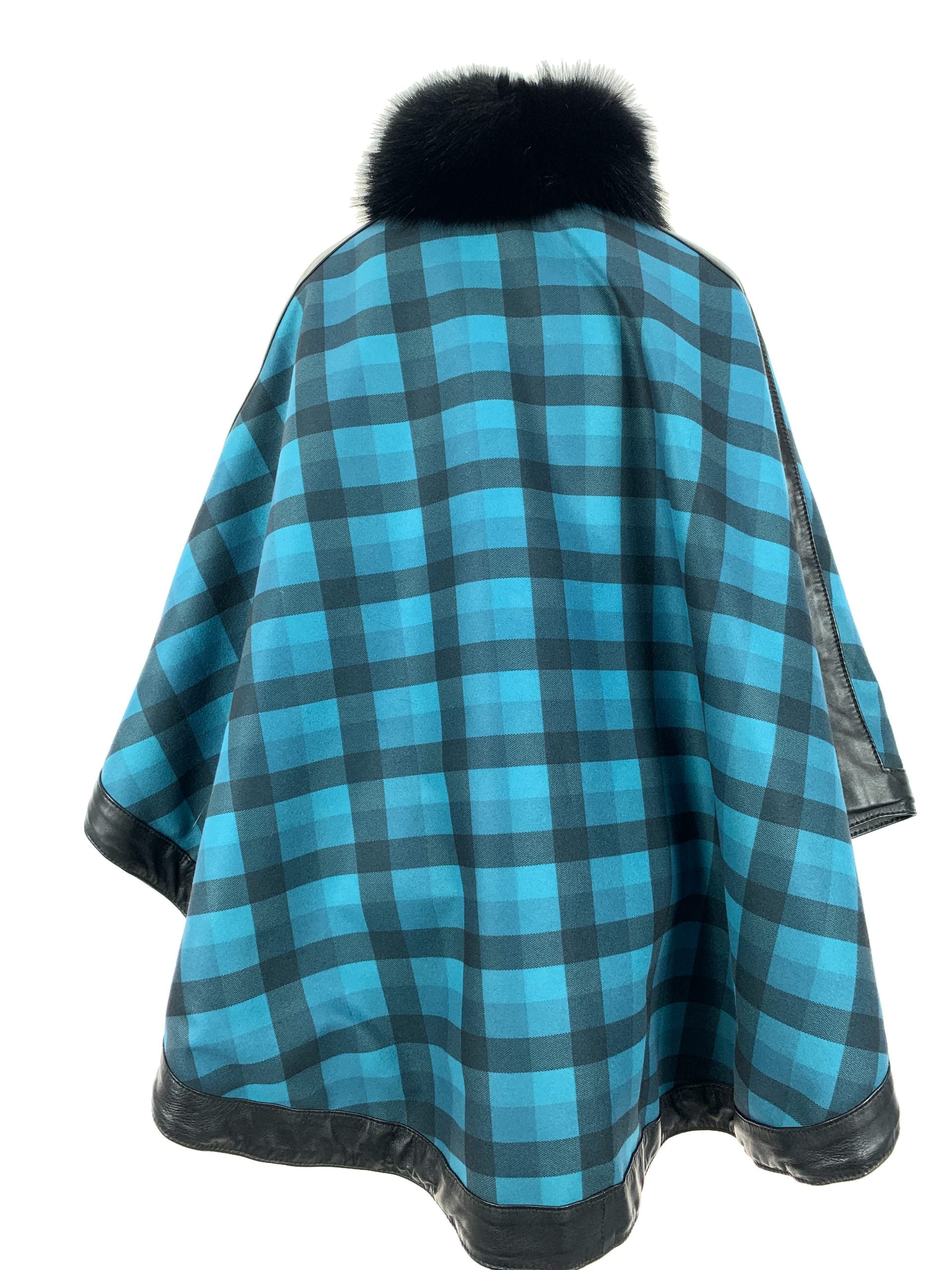 Petrol Blue Tartan Reversible Full Poncho With Black Dyed Fox Trim And Leather Trim Detail