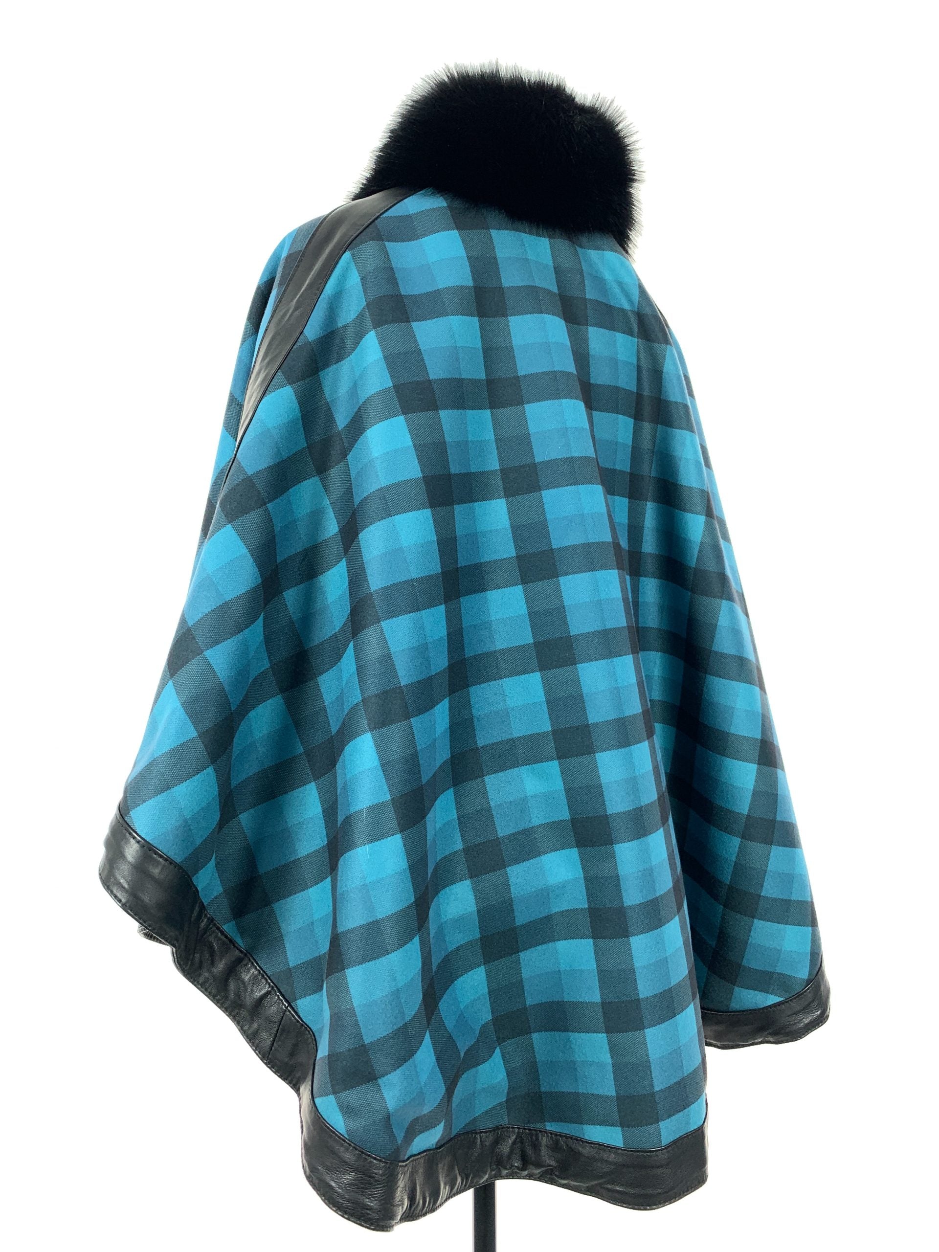 Petrol Blue Tartan Reversible Full Poncho With Black Dyed Fox Trim And Leather Trim Detail