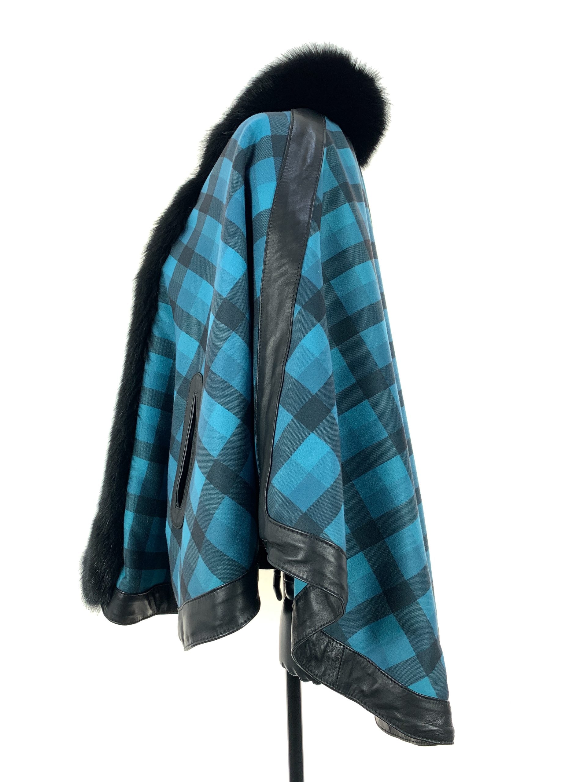 Petrol Blue Tartan Reversible Full Poncho With Black Dyed Fox Trim And Leather Trim Detail