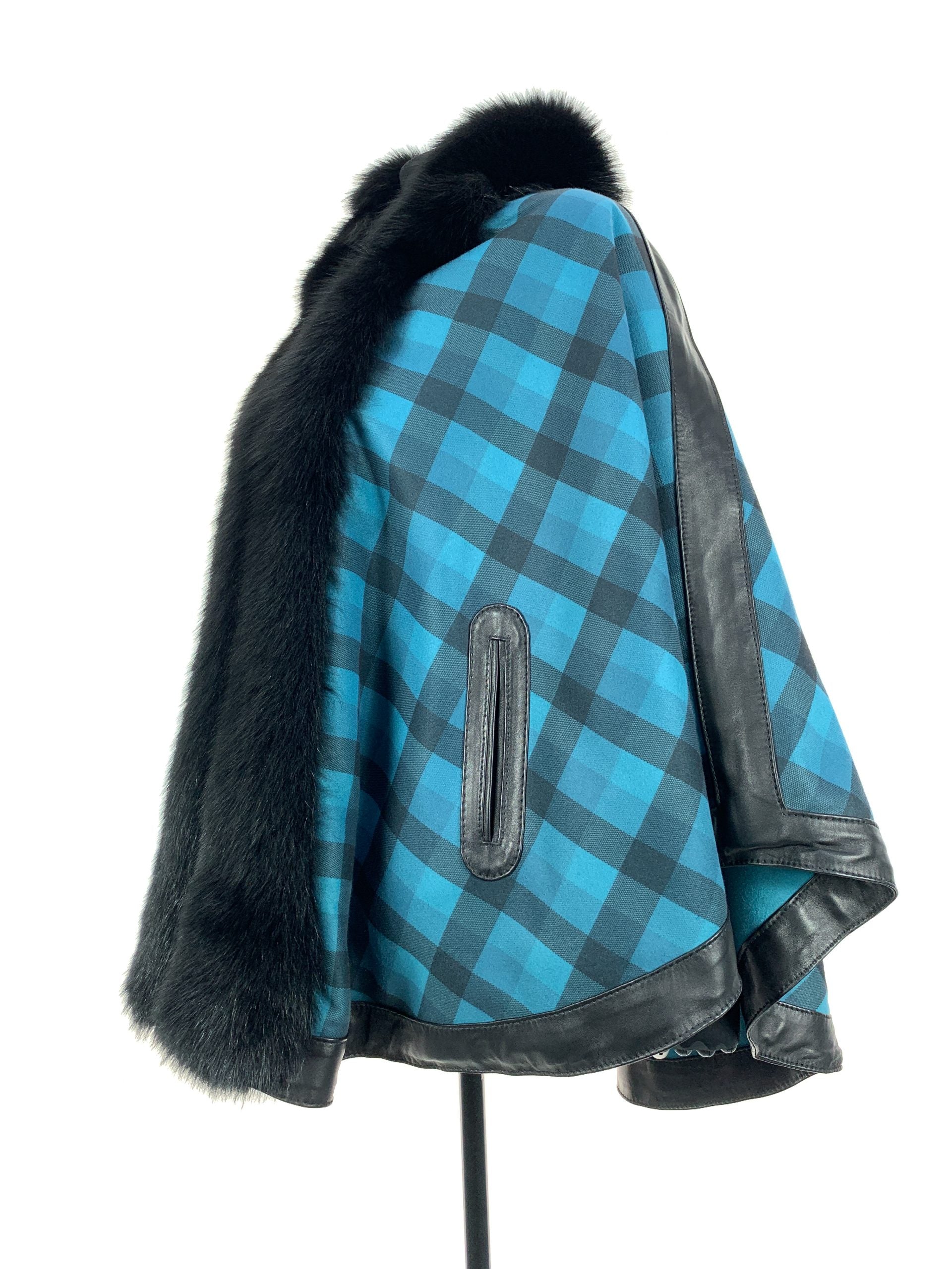 Petrol Blue Tartan Reversible Full Poncho With Black Dyed Fox Trim And Leather Trim Detail