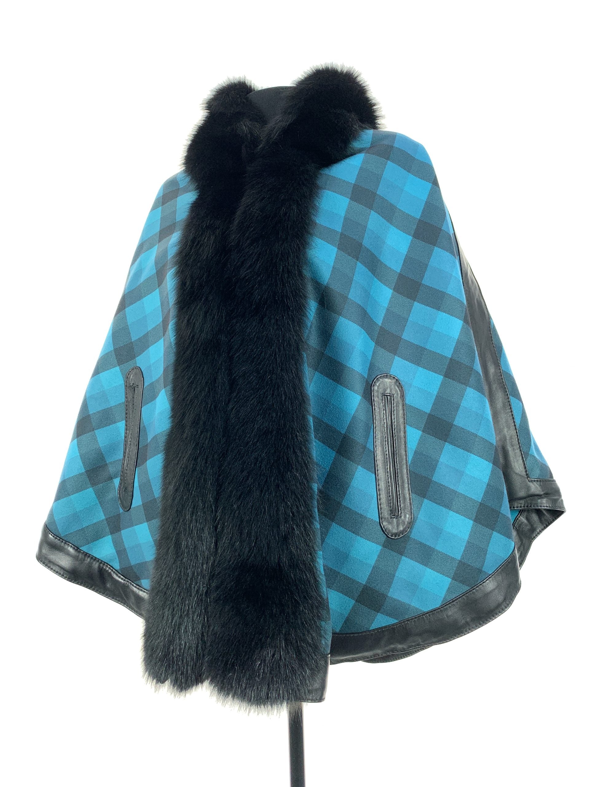Petrol Blue Tartan Reversible Full Poncho With Black Dyed Fox Trim And Leather Trim Detail