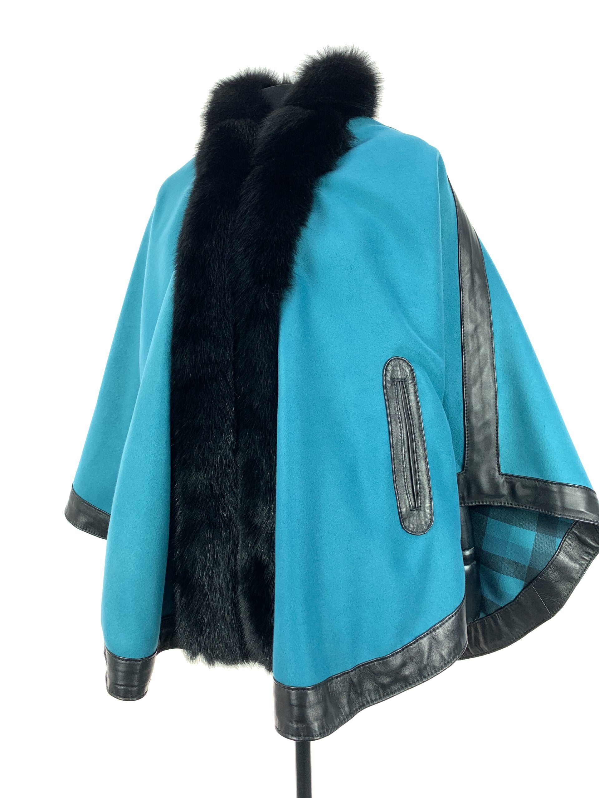 Petrol Blue Tartan Reversible Full Poncho With Black Dyed Fox Trim And Leather Trim Detail