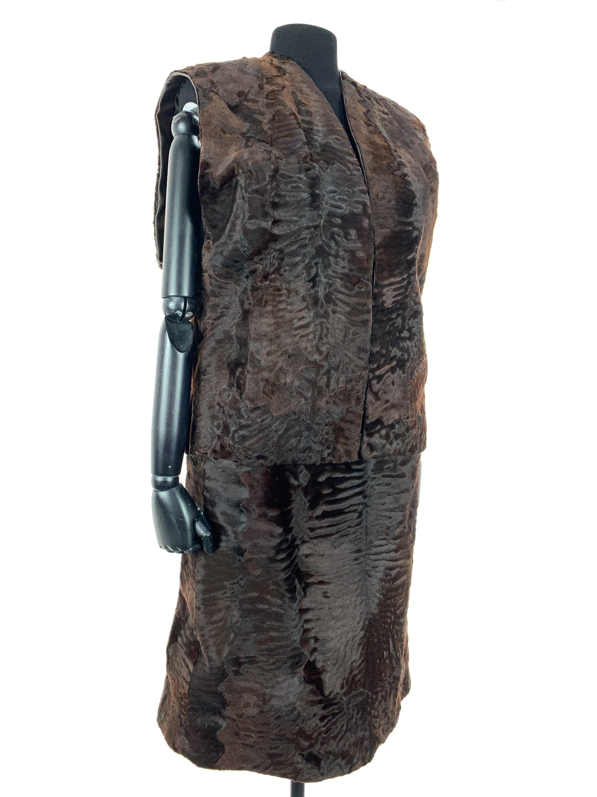Chocolate Brown watersilk swakara gilet with matching pencil skirt and matching stetson style hat-Sue Ellen