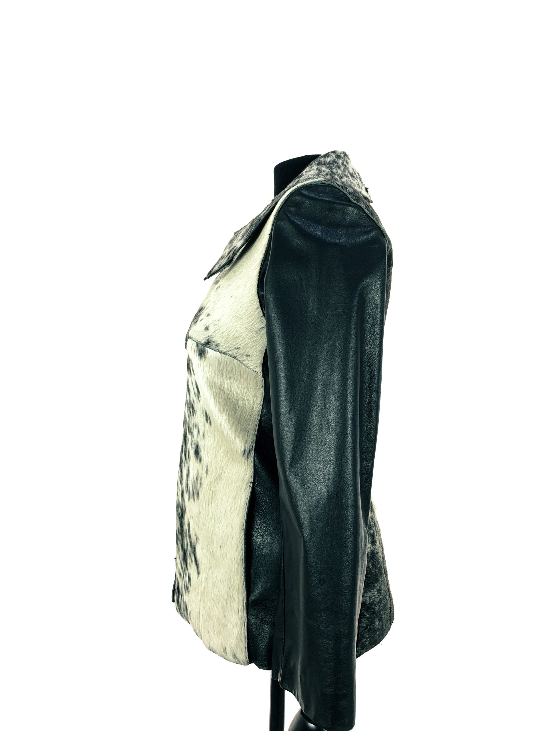 Natural White And Black Nguni Jacket With Black Nappa Leather Sleeves