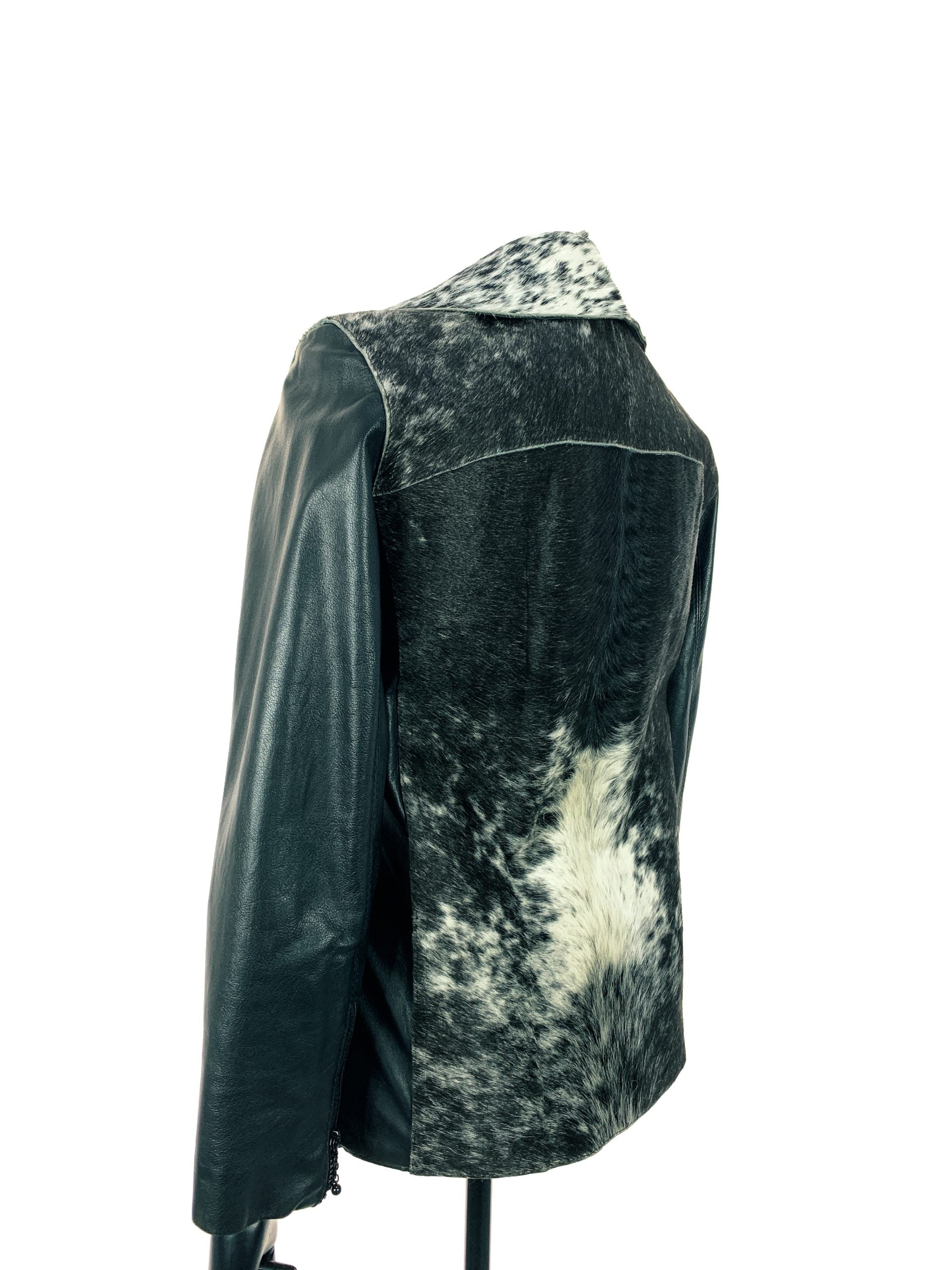 Natural White And Black Nguni Jacket With Black Nappa Leather Sleeves